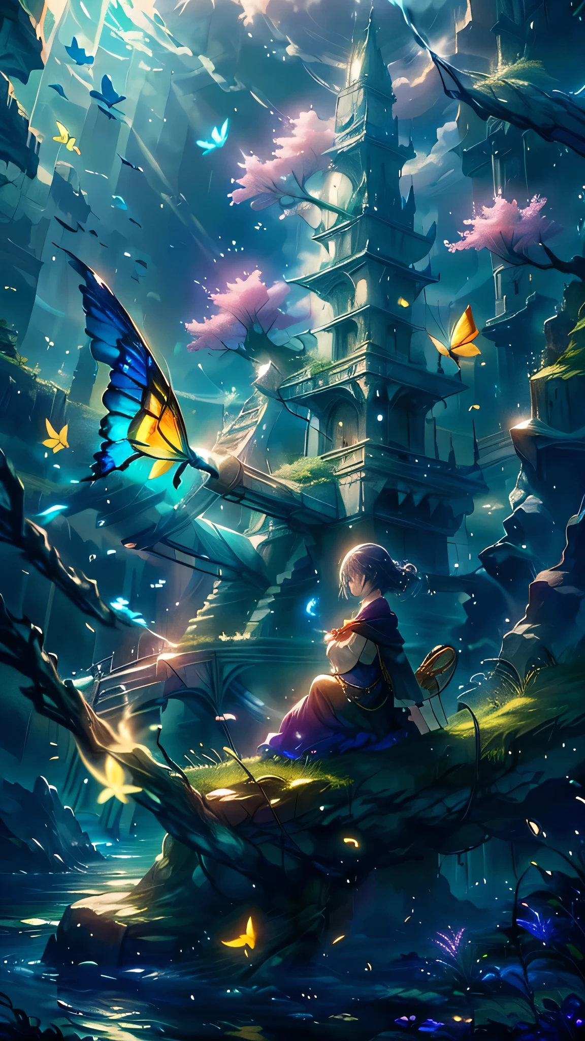 original, (masterpiece), (figure), (Very nice and beautiful), (Perfect detail), (Unity CG 8K Wallpaper:1.05), (Beautiful and clear background:1.25), (Depth of written boundary:0.7),One girl,Fun Shy , (Stand along the river:1.15).(Hair blowing in the wind:1.1),Butterflies are flying around, (Moonlight:0.6), wood, (summer), (night:1.2), (close:0.35), (gloves:0.8), alone ,