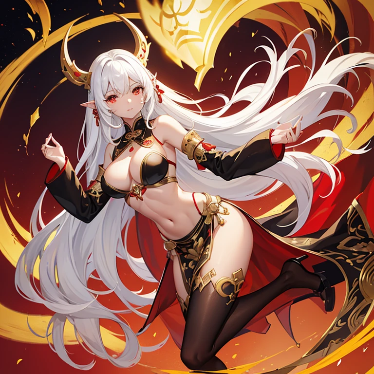 Very beautiful young woman, dark complexion, good bust, wide hips, bare belly, long legs, long loose white hair, red eyes, pointed ears and wearing a revealing ancient Chinese costume in red, black and gold with jewelry