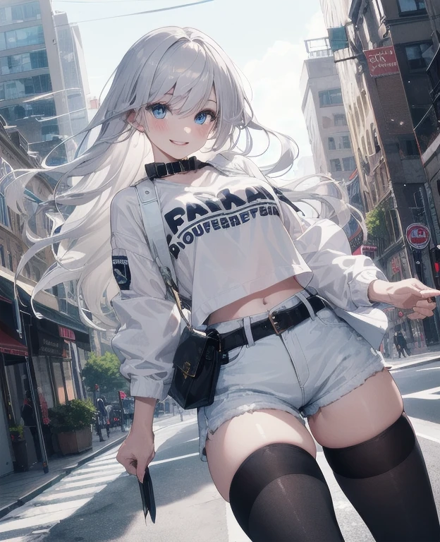 (Masterpiece, Best quality, ultra high resolution), 1 girl, Silver hair, Pale skin, Beautiful detailed face, Detailed eyes, posing on a, On a white background, Dynamic lighting, dynamic shadowing, looking at viewer, White stone punk fashion,(Posing for a photo),((White clothes)), (((black thigh highs))), jean shorts, skirt, white sweater, ((Blue eyes)), happy, smiling, black straps, black strap design, ((Long white hair)), energetic, cheerful, cityscape background, holding coffee