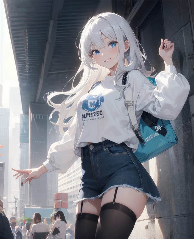 (Masterpiece, Best quality, ultra high resolution), 1 girl, Silver hair, Pale skin, Beautiful detailed face, Detailed eyes, posing on a, On a white background, Dynamic lighting, dynamic shadowing, looking at viewer, White stone punk fashion,(Posing for a photo),((White clothes)), (((black thigh highs))), jean shorts, skirt, white sweater, ((Blue eyes)), happy, smiling, black straps, black strap design, ((Long white hair)), energetic, cheerful, cityscape background, holding coffee