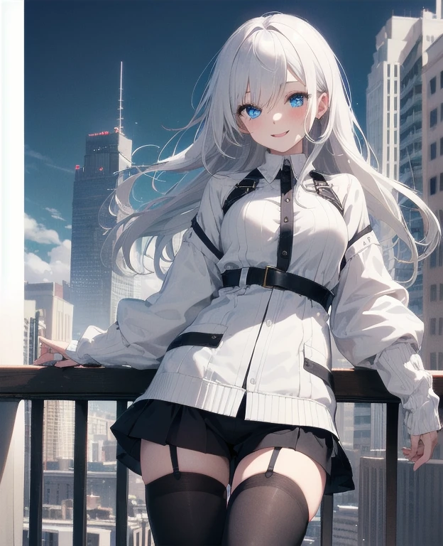 (Masterpiece, Best quality, ultra high resolution), 1 girl, Silver hair, Pale skin, Beautiful detailed face, Detailed eyes, posing on a, On a white background, Dynamic lighting, dynamic shadowing, looking at viewer, White stone punk fashion,(Posing for a photo),((White clothes)), (((black thigh highs))), jean shorts, skirt, white sweater, ((Blue eyes)), happy, smiling, black straps, black strap design, ((Long white hair)), energetic, cheerful, cityscape background, holding coffee