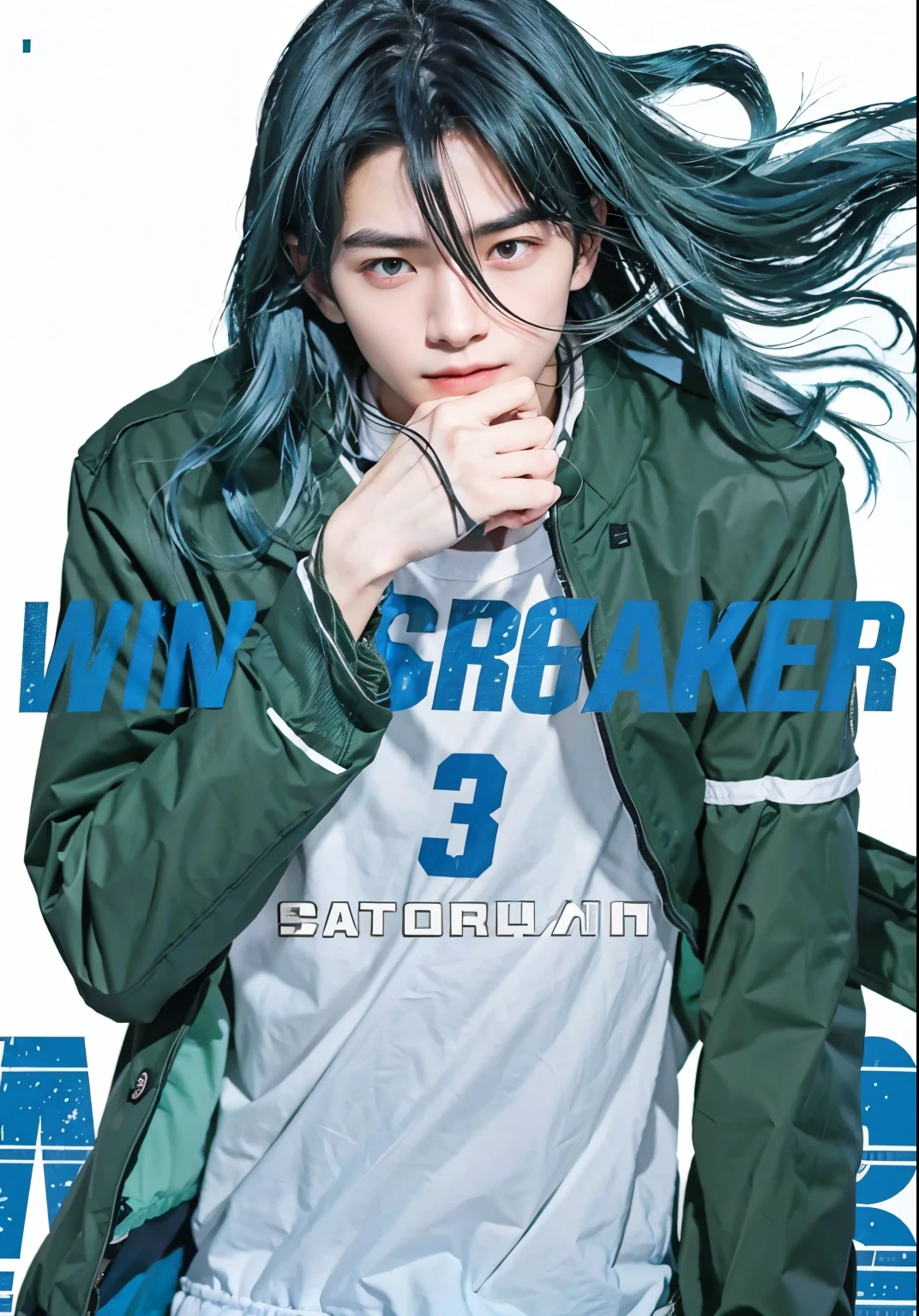 20 year old man, he wears a green jacket, he has long blue hair, he has black eyes, he is running, white background, very realistic, very detailed