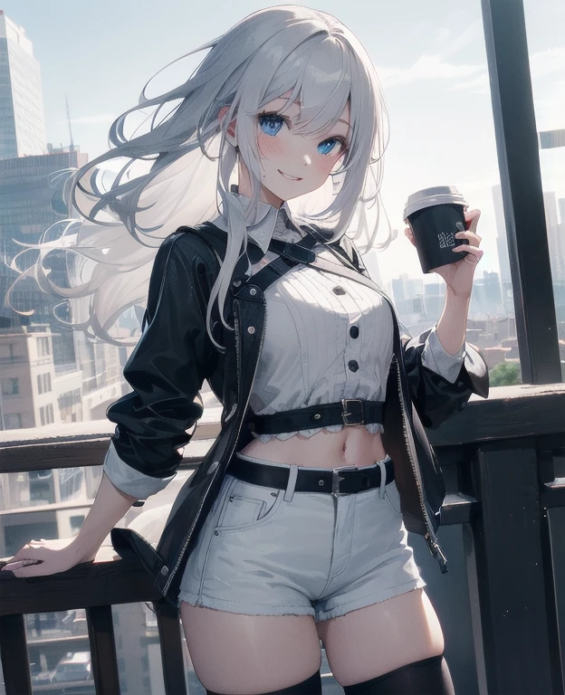 (Masterpiece, Best quality, ultra high resolution), 1 girl, Silver hair, Pale skin, Beautiful detailed face, Detailed eyes, posing on a, On a white background, Dynamic lighting, dynamic shadowing, looking at viewer, White stone punk fashion,(Posing for a photo),((White clothes)), (((black thigh highs))), jean shorts, skirt, white sweater, ((Blue eyes)), happy, smiling, black straps, black strap design, ((Long white hair)), energetic, cheerful, cityscape background, holding coffee