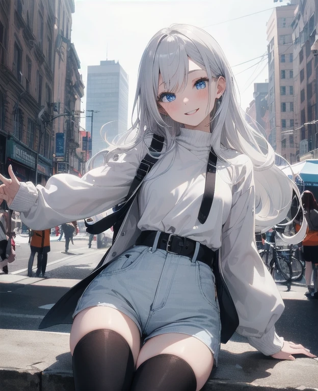 (Masterpiece, Best quality, ultra high resolution), 1 girl, Silver hair, Pale skin, Beautiful detailed face, Detailed eyes, posing on a, On a white background, Dynamic lighting, dynamic shadowing, looking at viewer, White stone punk fashion,(Posing for a photo),((White clothes)), (((black thigh highs))), jean shorts, skirt, white sweater, ((Blue eyes)), happy, smiling, black straps, black strap design, ((Long white hair)), energetic, cheerful, cityscape background, holding coffee