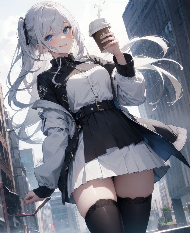 (Masterpiece, Best quality, ultra high resolution), 1 girl, Silver hair, Pale skin, Beautiful detailed face, Detailed eyes, posing on a, On a white background, Dynamic lighting, dynamic shadowing, looking at viewer, White stone punk fashion,(Posing for a photo),((White clothes)), (((black thigh highs))), jean shorts, skirt, white sweater, ((Blue eyes)), happy, smiling, black straps, black strap design, ((Long white hair)), energetic, cheerful, cityscape background, holding coffee