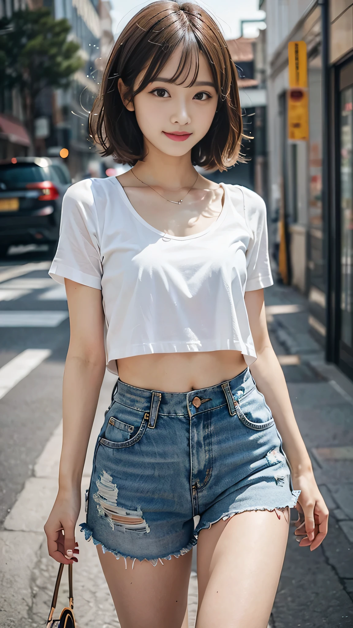 ((Center of chest, Tomboy, Small Head)), Dawn, sunlight, (Defined Abs: 1.1), (Perfect body: 1.1), (Short Wavy Hair: 1.2), Auburn Hair, Full body photo, Crowded street, ChibiＴshirt, ((Shorts)), (Very detailed CG 8k wallpaper), (Very delicate and beautiful), (masterpiece), (highest quality: 1.0), (ultra-High resolution: 1.0), Beautiful lighting, Perfect Lightning, Realistic Shadows, [High resolution], Delicate skin, Very detailed, Cute Smile