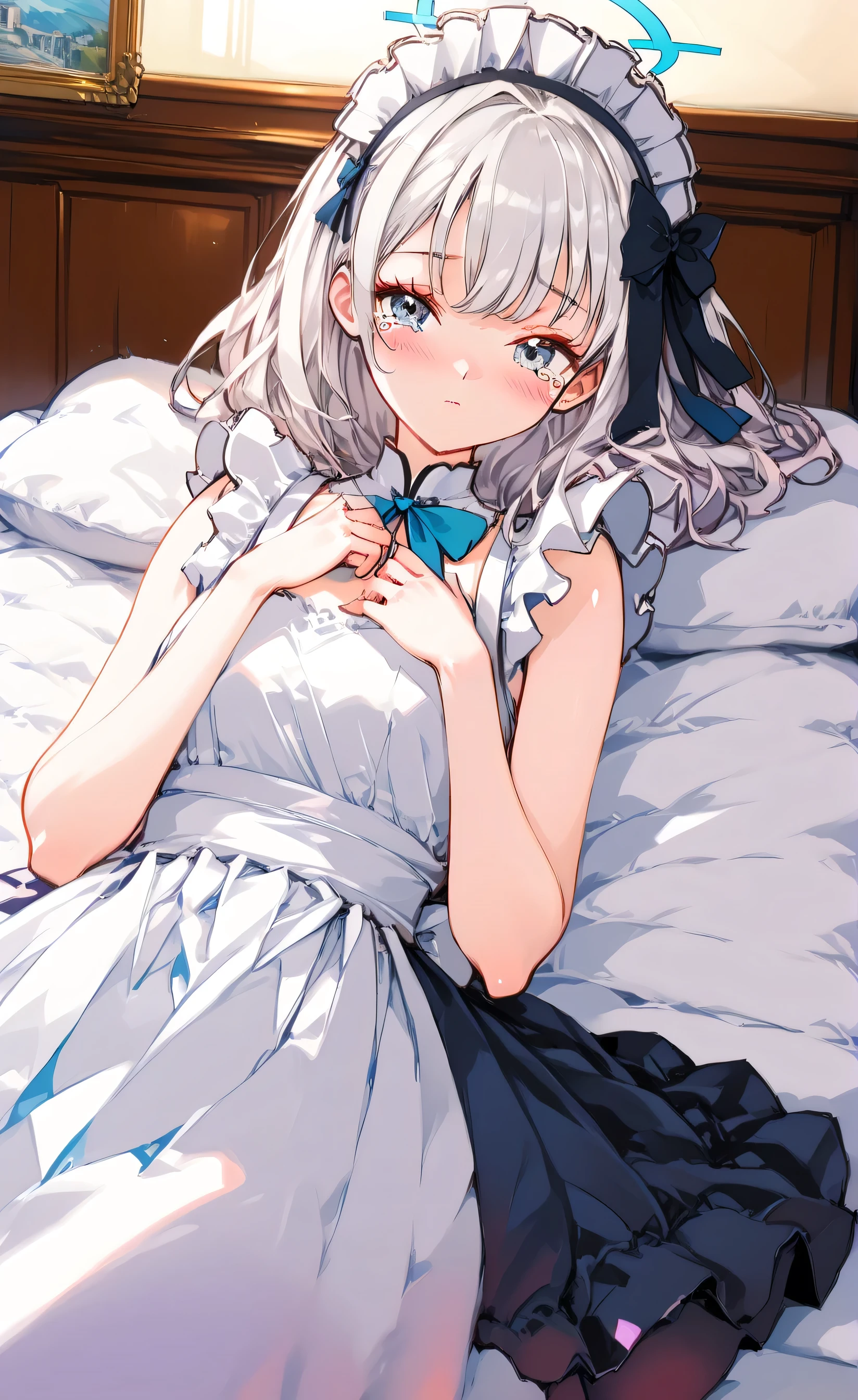 high quality, high lighting, colorful, 4K, HD, HDR, rgb, portrait, world, masterpiece, illustration, painting, anime, blue archive anime style, fcloseup, beautiful characters, perfect body, neat, beautiful, realistic, 1girl, solo, shy, shy expression, shy pose, maid outfit (anime style), short white hair, blue eyes, resigned, in bed, bedroom, shy, face, red, stockings, ager, beautiful, posing in mattress, messy mattress, karakter Rimuru Tempes (( tensei shittara Slime Datte Ken ) )), slightly open, tears, Lie down, pose while lying on the bed,