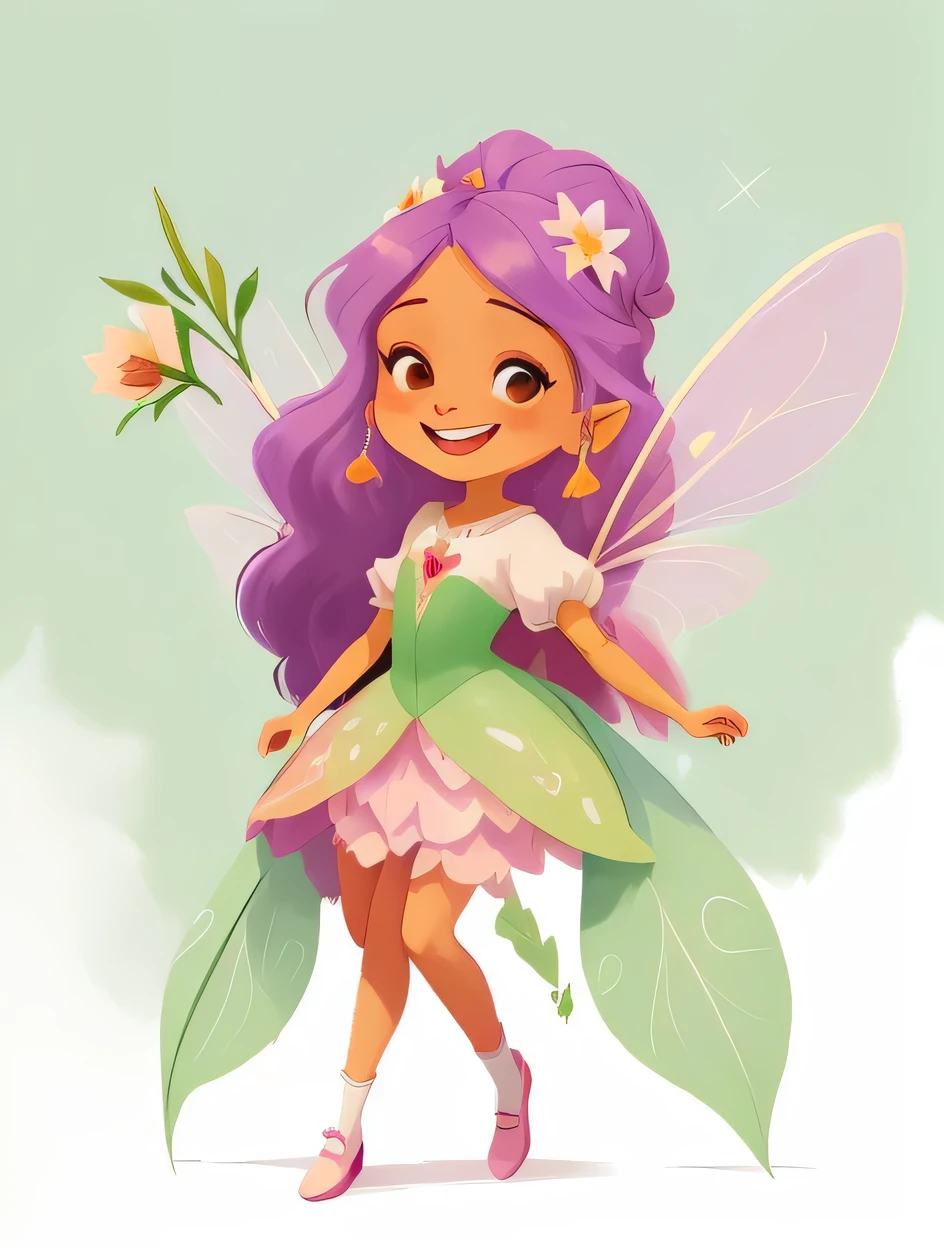 Cartoon cartoon fairy with long lilac hair and green dress with white, Andando corpo inteiro, full-body drawing showing feet, usando sapatilha rosa delicada,  multiples poses and expressions, com as maos na cintura maos em ultra qualidade e lindas, Symmetrical fairy wings, fada bonita, sorrindo como uma rainha de fadas,  fada morena, Retrato da princesa da fada, Retrato de uma fada, princesa fada, bela arte digital, Retrato da fada, space flower fairy, painting digital adorable, arte digital detalhada bonito fundo branco simples, fada bonita, Driving style: Marie Angel estilo desenho animado aquarelado, arte estilo aquarela 2D com fundo branco simples