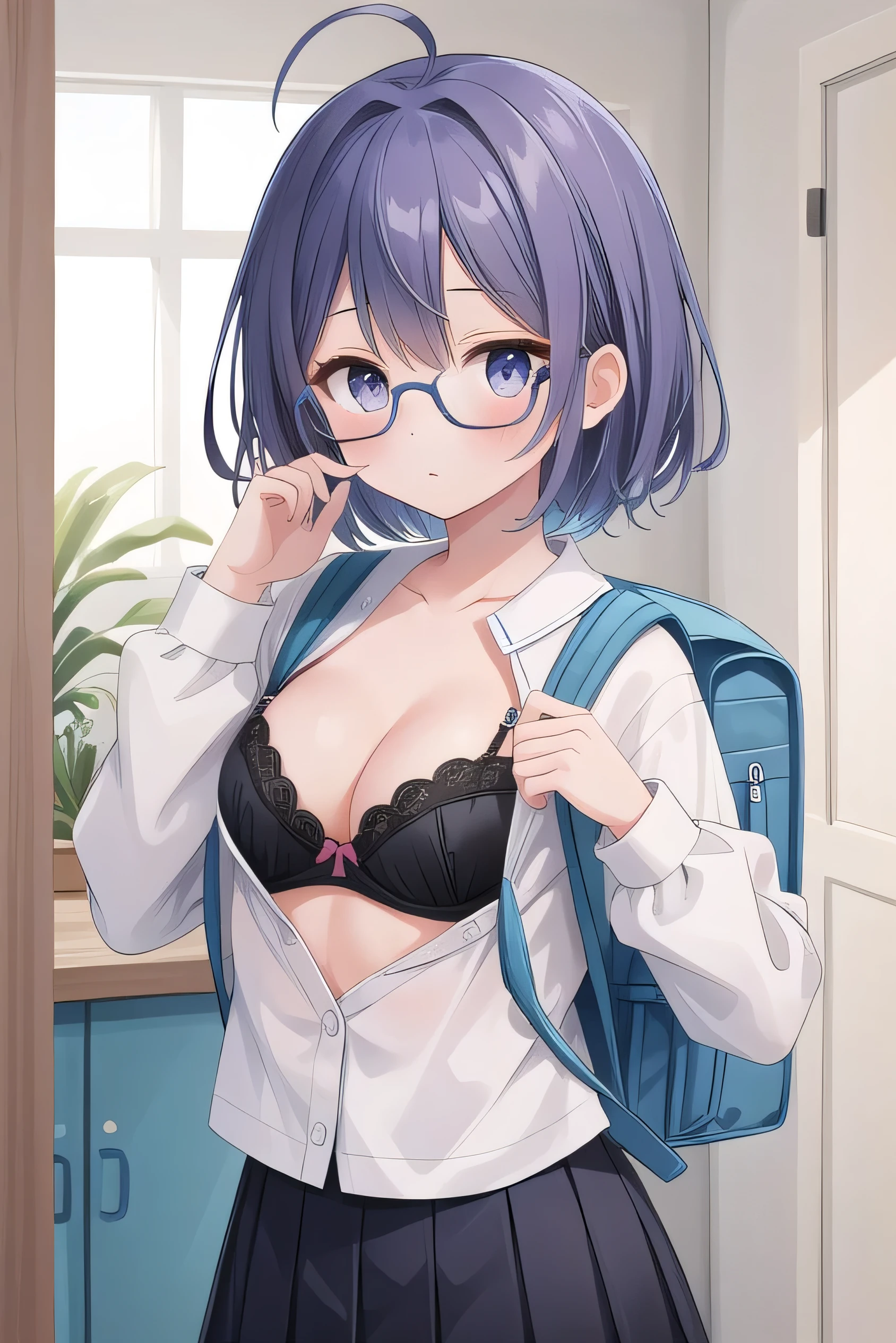 Purple hair, gray eyes, white , navy blue miniskirt, 11 years old, short, short long hair, kind expression, shy, backpack, almost no breasts, slightly exposed. hair,(flipped hair ), flipped hair, long sleeves, ahoge, girl alone, flipped hair, flipped hair, flipped hair, flipped hair, glasses with no edges, embarrassed, her bra is visible