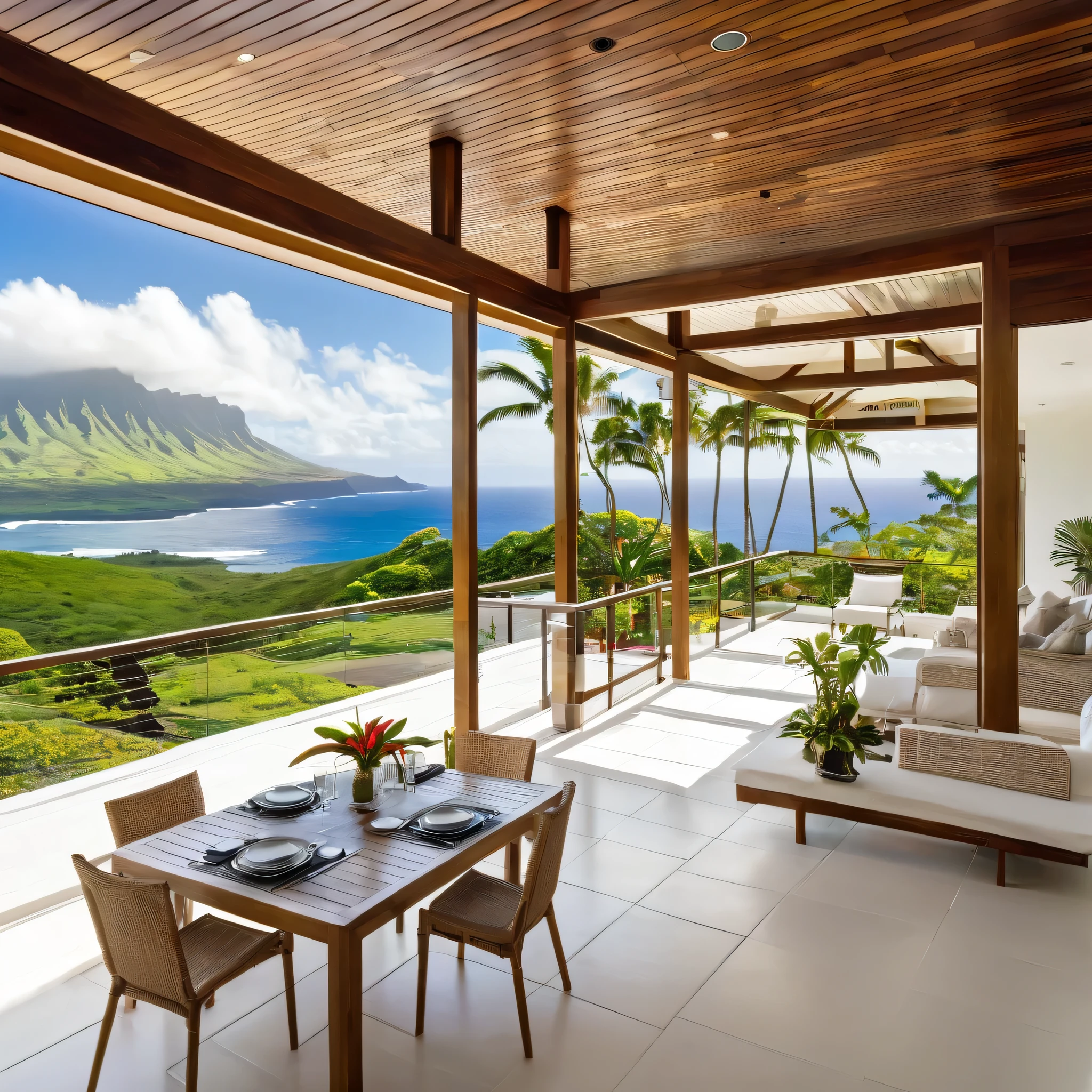 Native Hawaiian scenery, photo taken from the first floor of a very large terrace of 3000 square meters, a spacious one-story house with a white terrace open on three sides, a stylish restaurant on the coast of Hawaii, a wide white house surrounded by mountains A large white villa with a Hawaiian-style roof sits in a valley surrounded by high mountains with terrace views and palm trees. A white house with a view of the ocean in the distance. A spacious terrace with panoramic views unique to Hawaii. You can see the color of the wood. The entire villa is made of wood and finished in white, with a waterfall cascading down from a high mountain, and the terrace is also white. It has a clean design that uses plenty of painted wood.