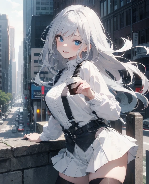 score_9, score_8_up, score_7_up, source_anime, (masterpiece), best quality, expressive eyes, perfect eyes, perfect face, oni girl, oni horns, red eyes, soft lips, long hair, very long hair, wide hips, (white hair:1.2), (white eyebrows:1), (white eyelashes:1), medium breasts:0.5, higuchi madoka, big breasts:0.3, standing, background: City, collared shirt, corset, longs sleeves, black shorts, legwear garter, black pantyhose