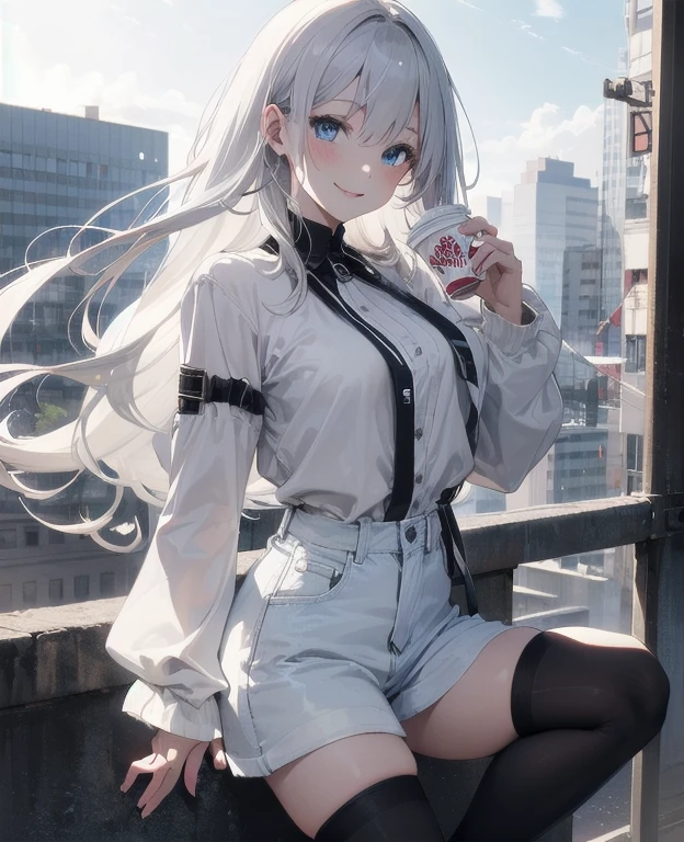 (Masterpiece, Best quality, ultra high resolution), 1 girl, Silver hair, Pale skin, Beautiful detailed face, Detailed eyes, posing on a, On a white background, Dynamic lighting, dynamic shadowing, looking at viewer, White stone punk fashion,(Posing for a photo),((White clothes)), (((black thigh highs))), jean shorts, skirt, white sweater, ((Blue eyes)), happy, smiling, black straps, black strap design, ((Long white hair)), energetic, cheerful, cityscape background, holding coffee