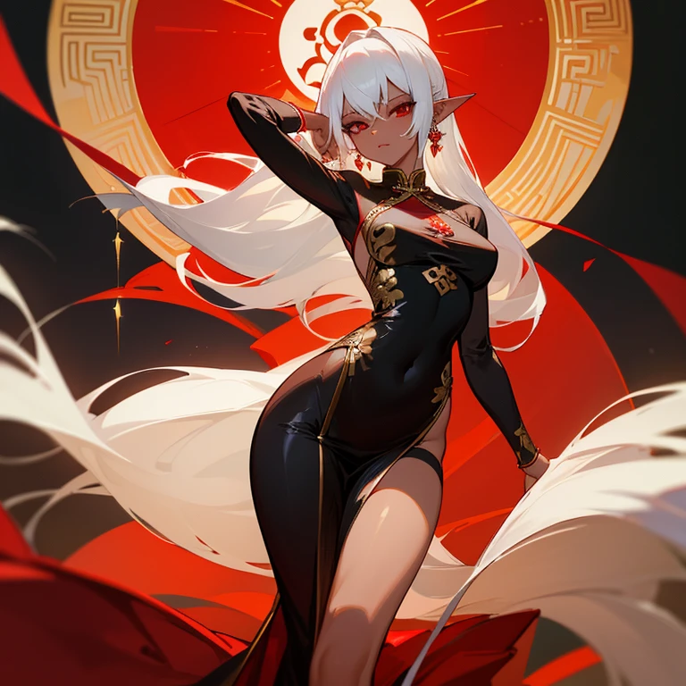 Very beautiful woman with dark skin, dark complexion, good bust, wide hips, slim body, long legs, long, loose white hair, red eyes, pointed ears and dressed in a sensual Chinese suit in red, black and gold colors with jewelry.