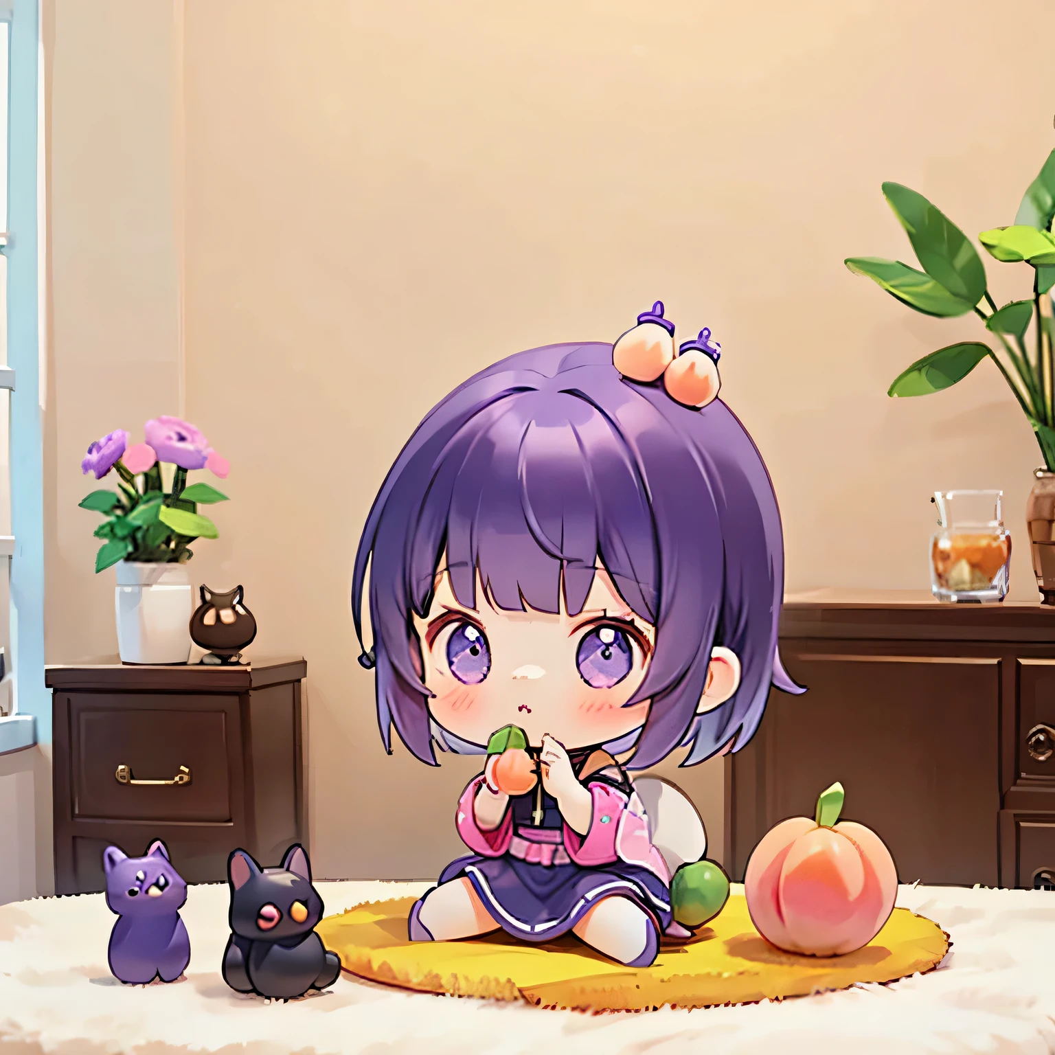 Blind Box, A cute girl eating a peach by holding it to her mouth，Purple medium short hair