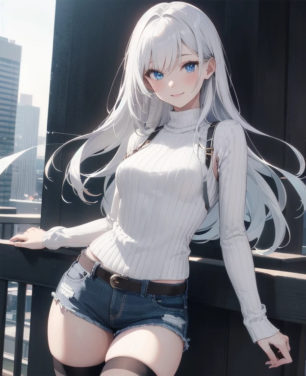 (Masterpiece, Best quality, ultra high resolution), 1 girl, Silver hair, Pale skin, Beautiful detailed face, Detailed eyes, posing on a, On a white background, Dynamic lighting, dynamic shadowing, looking at viewer, White stone punk fashion,(Posing for a photo),((White clothes)), (((black thigh highs))), jean shorts, skirt, white sweater, ((Blue eyes)), happy, smiling, black straps, black strap design, ((Long white hair)), energetic, cheerful, cityscape background