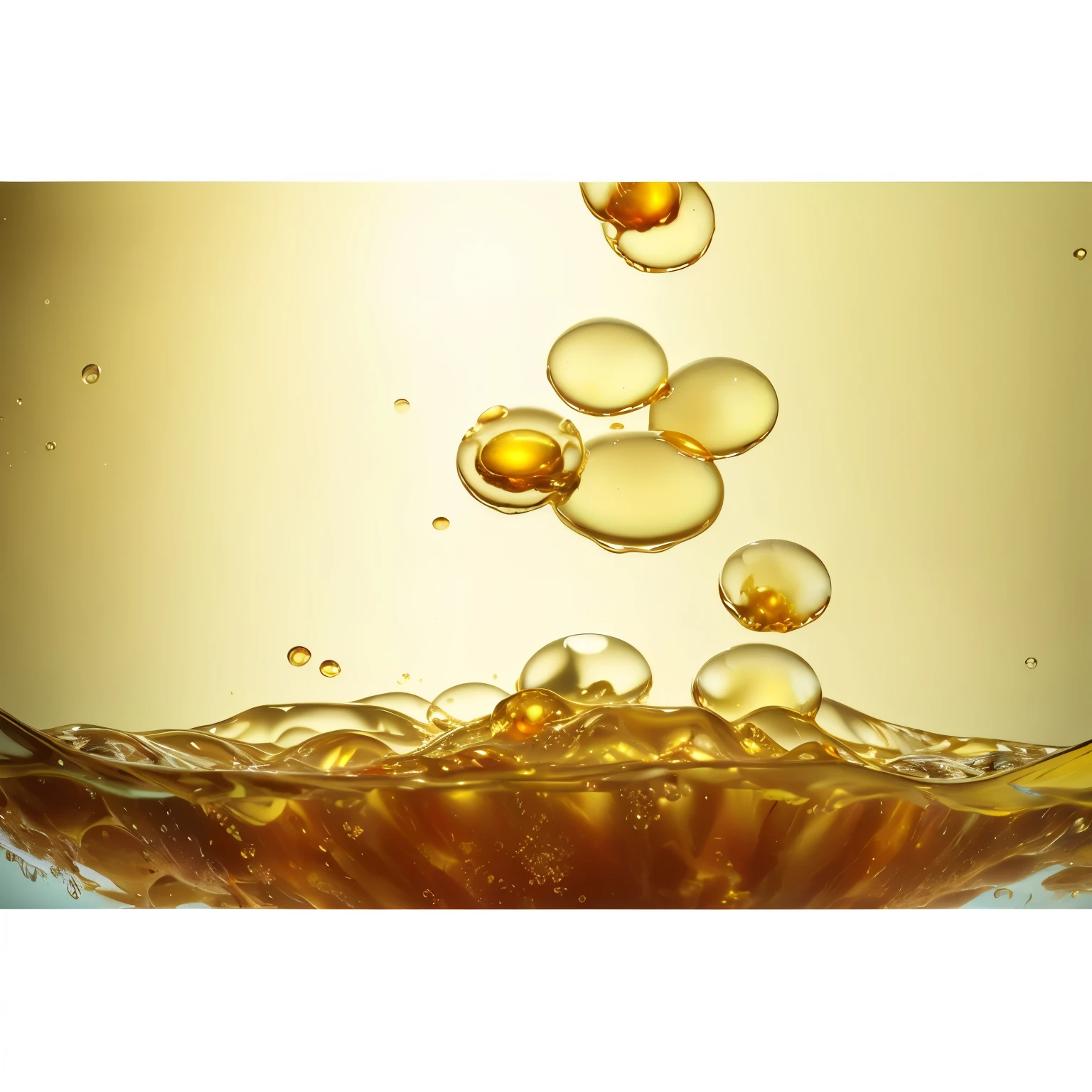 arafficial image of a bowl of oil and bubbles, bubbling liquids, bubbling skin, liquid gold, oil on water, gold refractions off water, water bubbles, molecular gastronomy, liquids, made of oil and water, lots of bubbles, liquid translucent amber, water particles, underwater bubbles, bottom - view, water caustics, ethereal bubbles