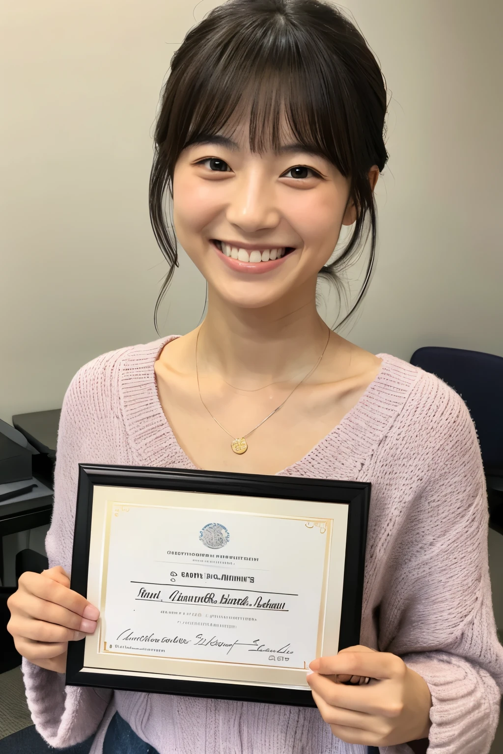 A beautiful Japanese woman smiling with her certificate