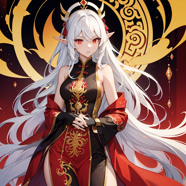 Very beautiful woman, dark complexion, good bust, wide hips, slim body, long legs, long, loose white hair, red eyes, pointed ears and dressed in a sensual Chinese suit in red, black and gold with jewels.