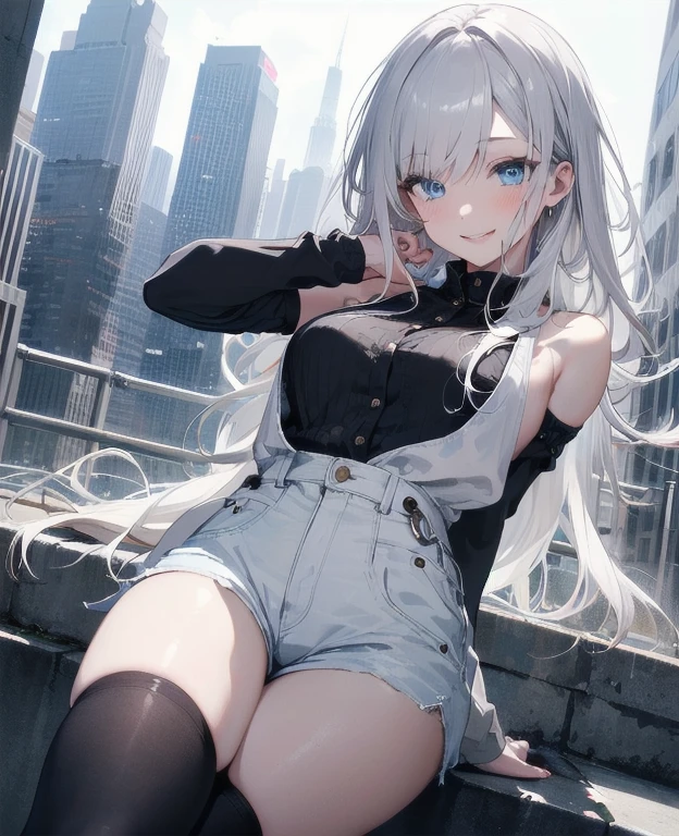 (Masterpiece, Best quality, ultra high resolution), 1 girl, Silver hair, Pale skin, Beautiful detailed face, Detailed eyes, posing on a, On a white background, Dynamic lighting, dynamic shadowing, looking at viewer, White stone punk fashion,(Posing for a photo),((White clothes)), (((black thigh highs))), jean shorts, skirt, white sweater, ((Blue eyes)), happy, smiling, black straps, black strap design, ((Long white hair)), energetic, cheerful, cityscape background