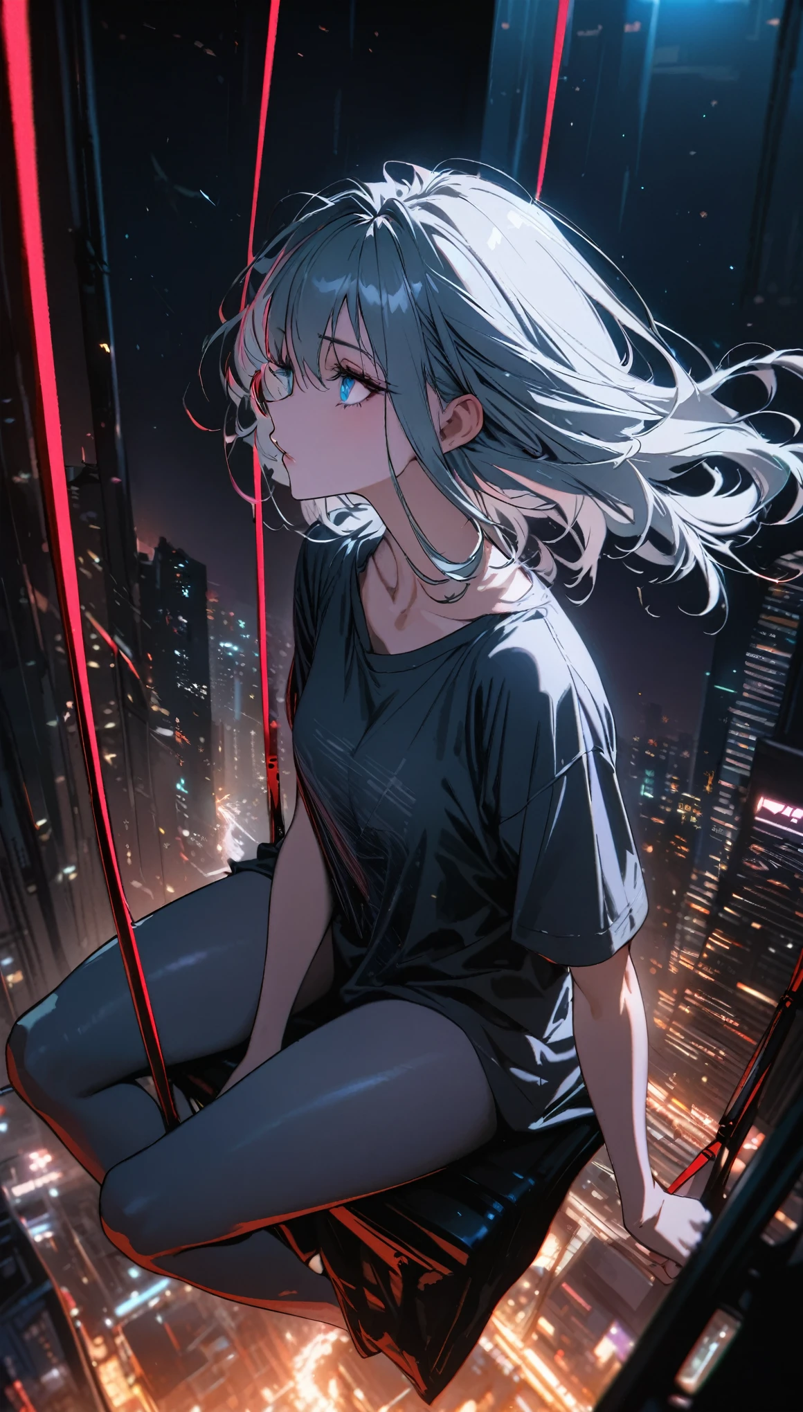 best quality, super fine, 16k, incredibly absurdres, extremely detailed, beautiful woman sitting on trapeze suspended between two skyscrapers, gazing into the distance, wearing loose long T-shirt, captivating look, wind, wind-effect, moonlit night view, (magnificent view:1.1) , cyberpunk