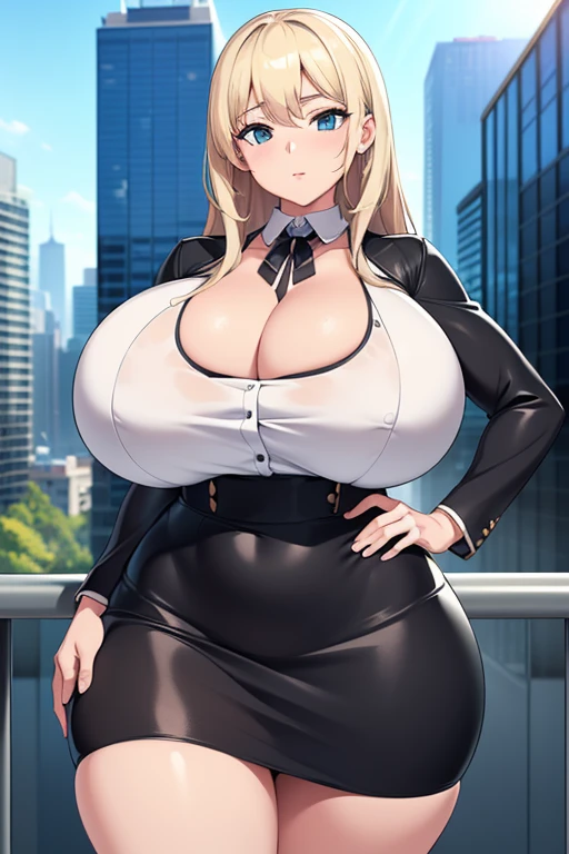 1girl,MILF,solo, masterpiece, best quality, (extremely detailed CG unity 8k wallpaper), (best quality), (best illustration), (huge breasts:1.3), (voluptuous figure, thin waist, wide hips), front view, one right hand on hip, looking at viewer, cityscape, pencil skirt
