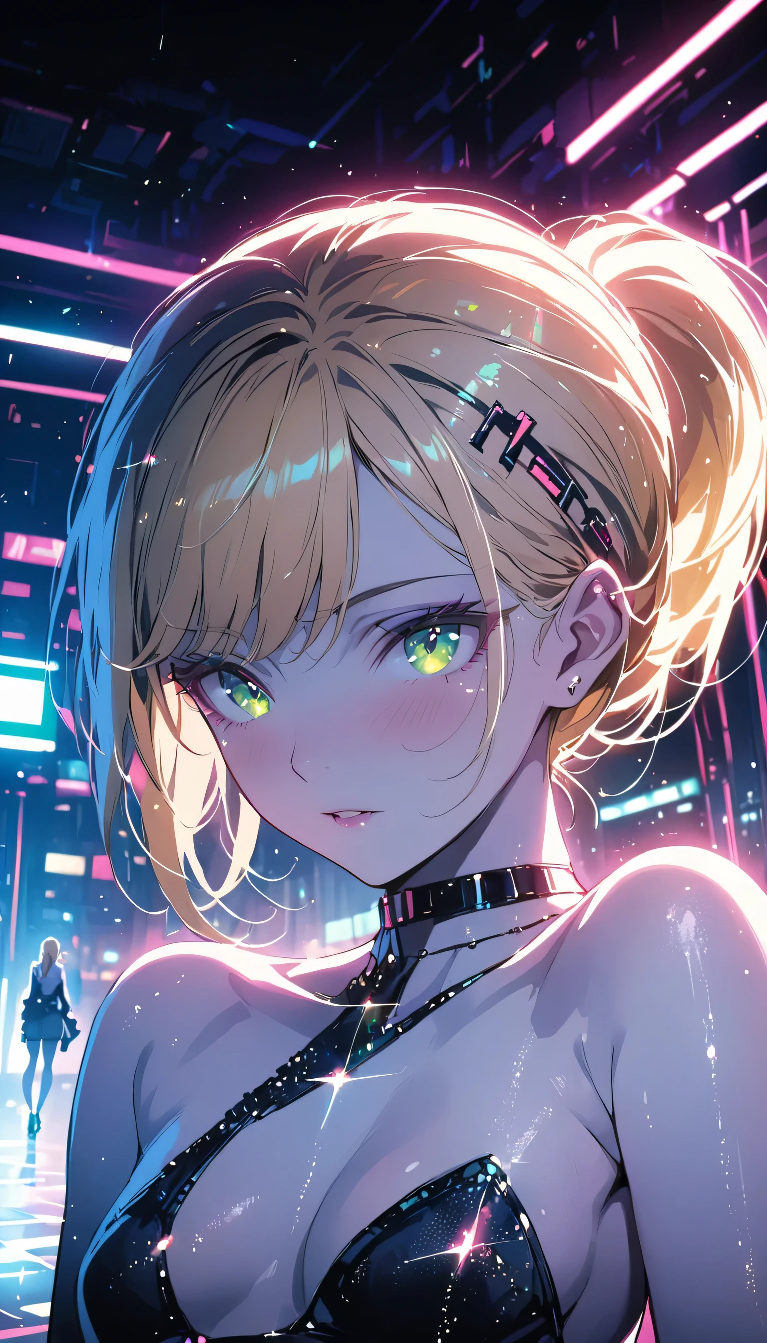 (masterpiece, highest quality, 8k, Sharp focus, Depth of written boundary, Best Shadow, Perfect lighting, High resolution, Realistic skin texture, ultra-detailed background, detailed), Anime Style, Two women kissing (One of them has green eyes., White skin, Black hair ponytail, choker, Small breasts, slim, compensate, eyeliner, Glitter), (The other woman is blonde.), At the nightclub, Cyberpunk Theme, Cyberpunk City.