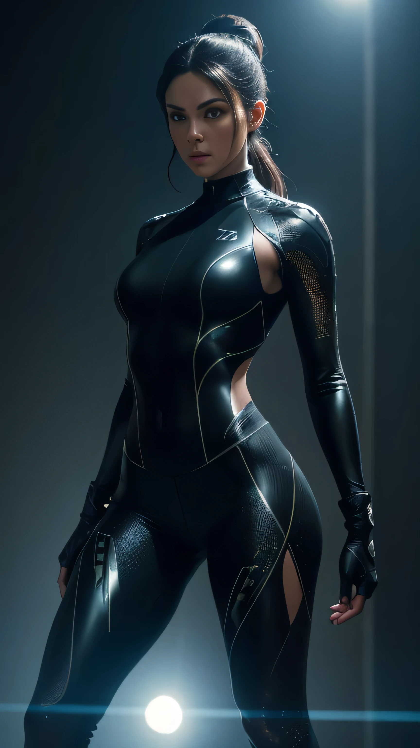 (cybersoldier style aesthetic), long thighs, (lean body), (beauty shape), (very thin:1.2), sensual look, determined, powerful pose, perfect skin, hyperrealistic masterpiece, in extremely complex & superdetailed black and white seamless plugsuit, cinematic illumination, 8k, symmetrical eyes, realistic, sharp focus, HD, highly detailed, intricate details, photography, studio portrait, detailed, cinematic lighting, determined:1,2, brave