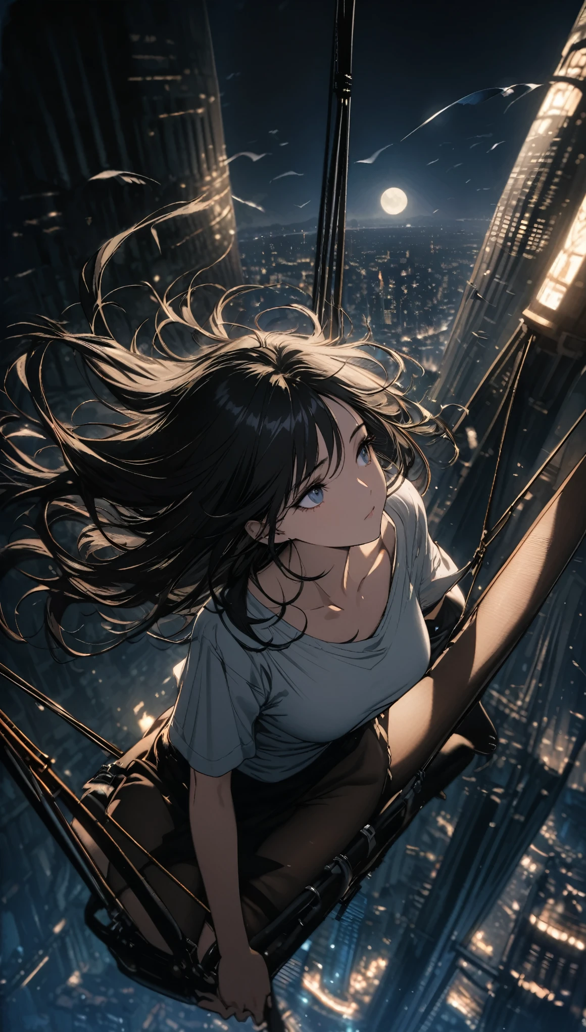 best quality, super fine, 16k, incredibly absurdres, extremely detailed, beautiful woman sitting on trapeze suspended between two skyscrapers, gazing into the distance, wearing loose long T-shirt, captivating look, wind, wind-effect, moonlit night view, (magnificent view:1.1) , steampunk
