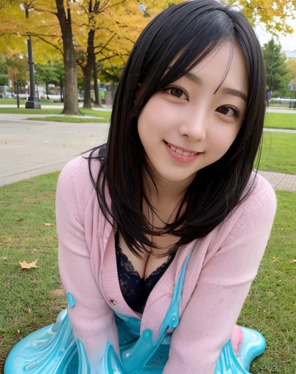 knitted sweater jacket,(Big boobs:1.2),cleveage,穿Black underwear,black slime shapeshifter,looking at the audience,Smile, Black underwear、cleveage,Long hair ,Pretty Face,cute appearance,confident girl,Slime with melted lower body,In the park,There are many maple leaves,autumn,