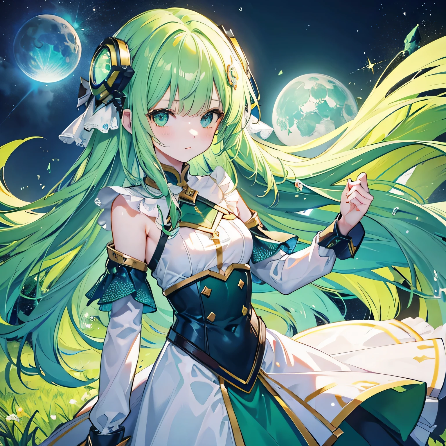 Character description.
Girl character with long green hair, big blue eyes and adorable expression, wearing green space suit-like outfit

Background
Drifting in green nature, scattered green objects like asteroids and meteorites, yellow swirls of light create depth, overall detailed and complex

Personal belongings
Green luminous sphere (moon or planet) in hand

Atmosphere
Fantasy and dream world, elements that stimulate a sense of adventure and curiosity, expressing the wonder and fascination of the universe