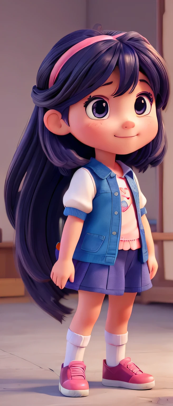 A cute young girl, 3D cartoon character, vivid colors, portrait, super sharp, super detailed, girl with long hair, Asian , (facing the camera)