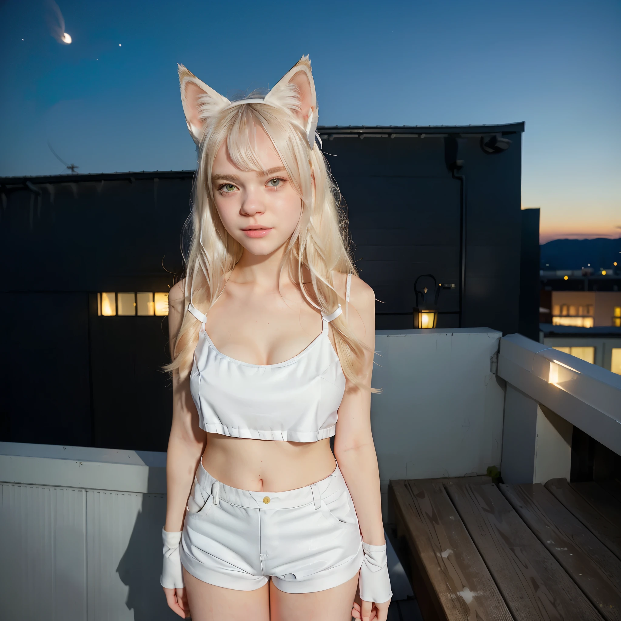 blond woman in white cat ears and white shorts on a rooftop, beautiful young catgirl, attractive cat girl, white cat girl, very beautiful cute catgirl, girl with cat ears, girl with fox ears, elle fanning at night, cat girl, white fox ears, woman with cat ears, foxgirl, white ( cat ) girl, catgirl, cat ears