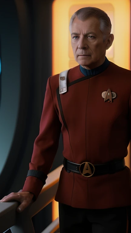  a man in an admiral's Star Trek uniform on the bridge red uniform, detailed, sharp focus, dramatic, award winning, cinematic lighting, octane render, unreal engine, volumetrics dtx, (film grain, bokeh, blurry foreground, blurry background