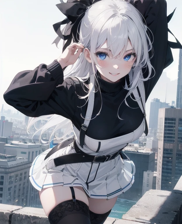 (Masterpiece, Best quality, ultra high resolution), 1 girl, Silver hair, Pale skin, Beautiful detailed face, Detailed eyes, posing on a, On a white background, Dynamic lighting, dynamic shadowing, looking at viewer, White stone punk fashion,(Posing for a photo),((White clothes)), (((black thigh highs))), jean shorts, skirt, white sweater, ((Blue eyes)), happy, smiling, black straps, black strap design, ((Long white hair)), energetic, cheerful, cityscape background