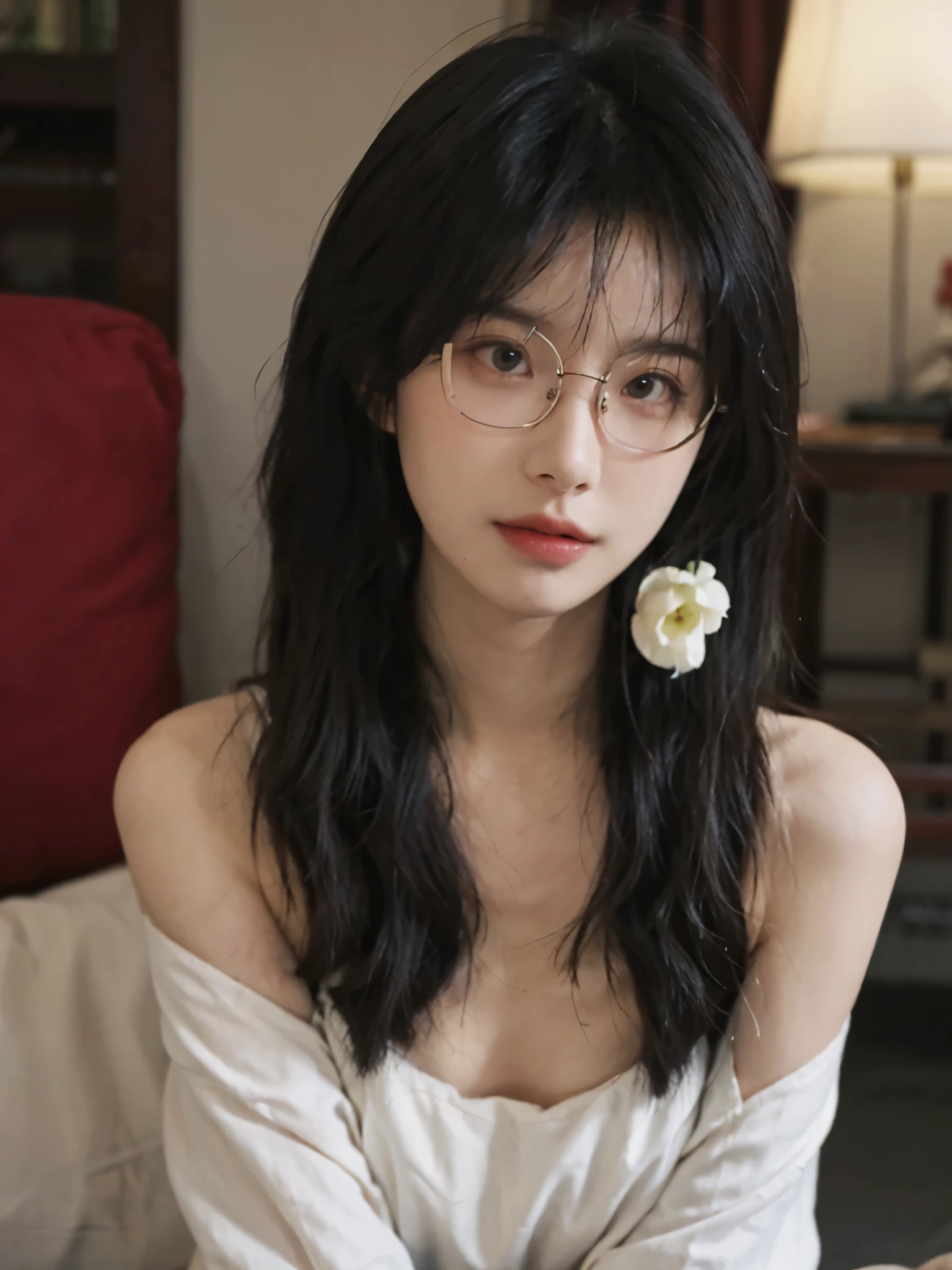 Film portrait photography, 1 girl, bare shoulders,lipstick,(flat chest:1.4), Shoulder length wavy hair, wear glasses,serene, calm, (Realistic and detailed eyes, natural skin texture, Realistic facial details), Soft dramatic lighting, depth of field, Bokeh, Vibrant details, detailed meticulous, hyper-realistic, 35mm film, hazy, ,