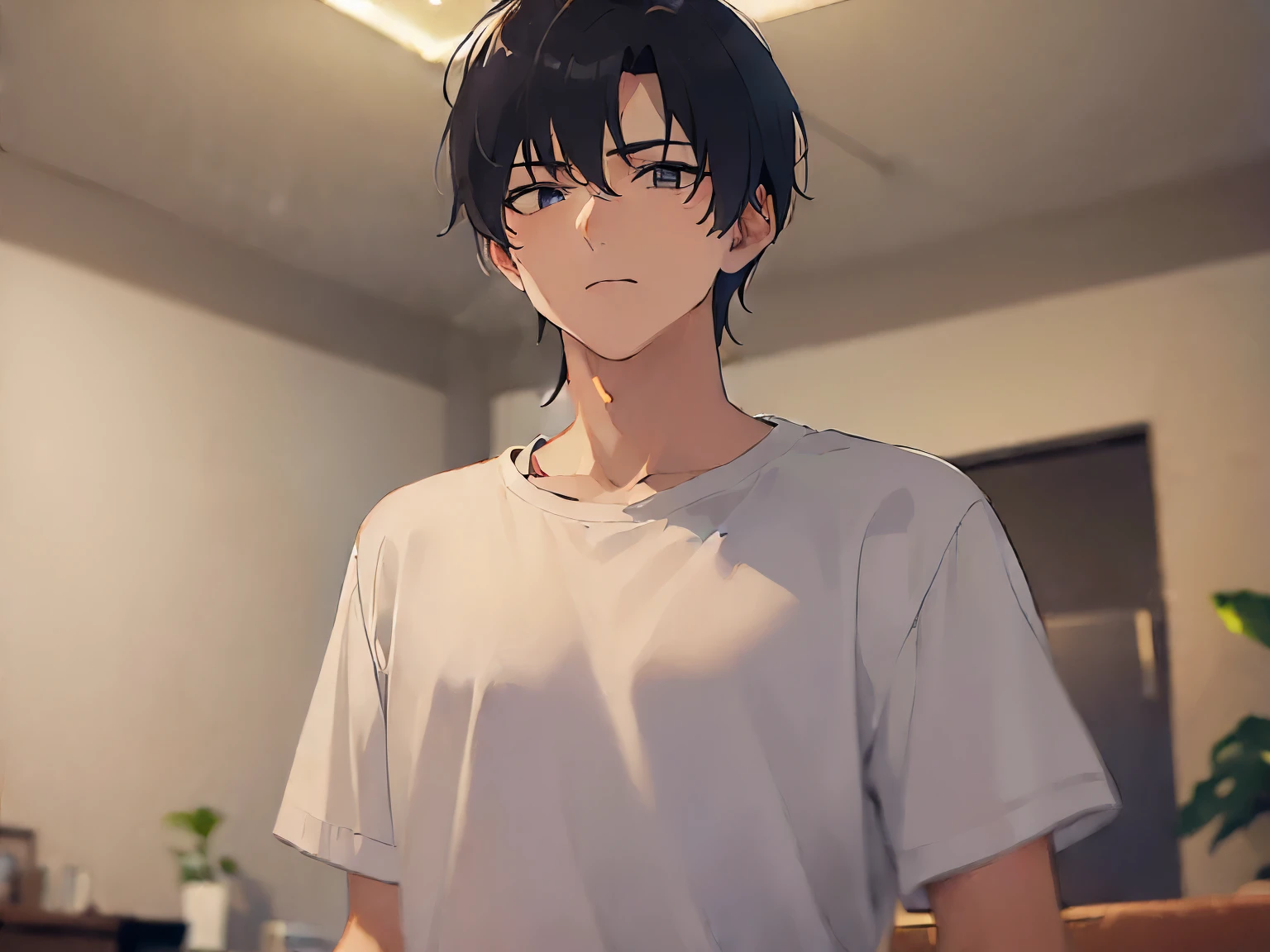 (dark, night:2), masterpiece、highest quality、(25-year-old male:1.5) and (Brown short hair) and (Green Eyes), White T-shirt、Are standing、Serious expression、oepn mouth, The background is the living room、(Alone:1.5)、Upper body is shown、