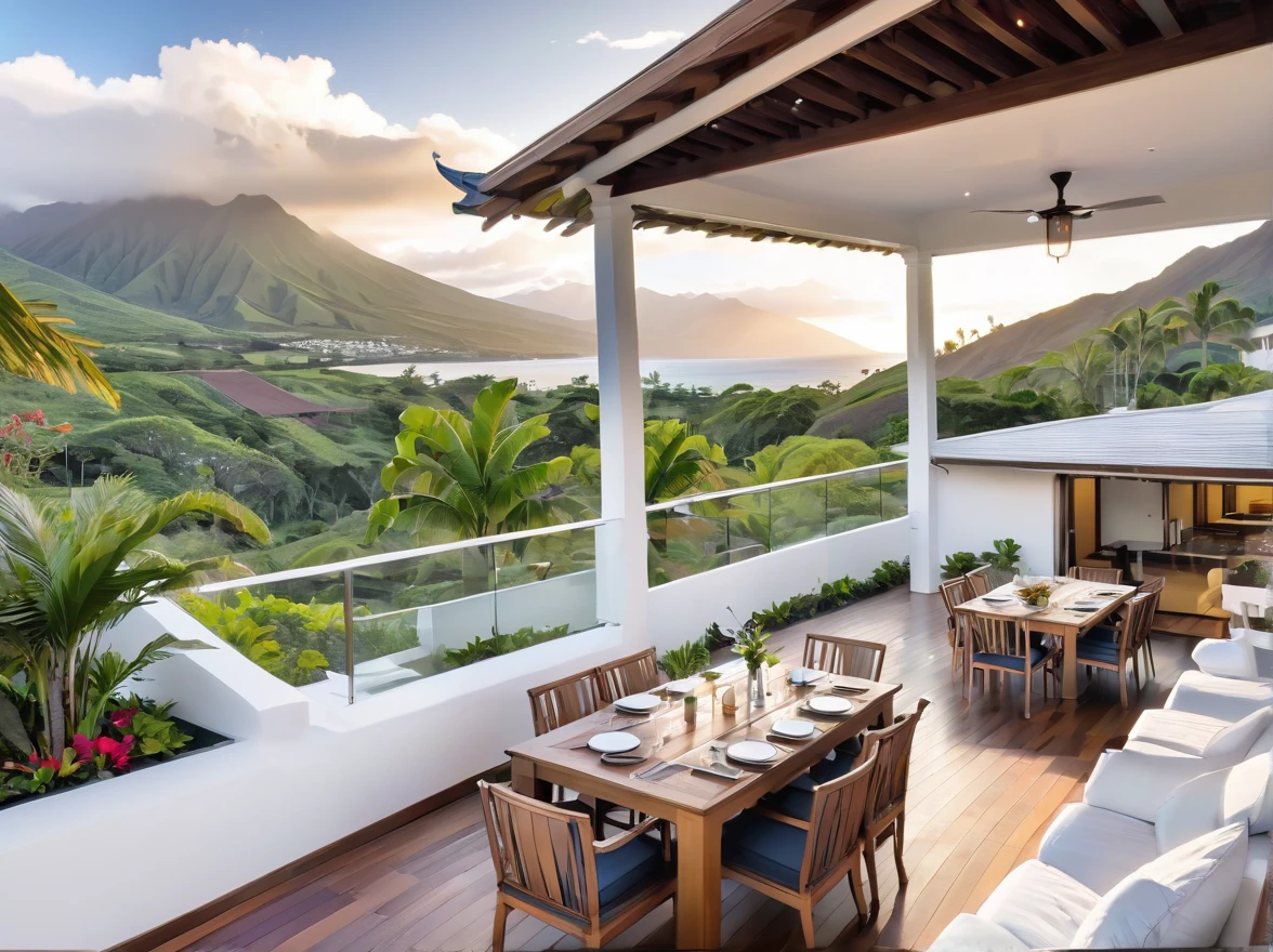 Native Hawaiian scenery, photo taken from the first floor of a very large terrace of 3000 square meters, a spacious one-story house with a white terrace open on three sides, a stylish restaurant on the coast of Hawaii, a wide white house surrounded by mountains A large white villa with a Hawaiian-style roof sits in a valley surrounded by high mountains with terrace views and palm trees. A white house with a view of the ocean in the distance. A spacious terrace with panoramic views unique to Hawaii. You can see the color of the wood. The entire villa is made of wood and finished in white, with a waterfall cascading down from a high mountain, and the terrace is also white. It has a clean design that uses plenty of painted wood.