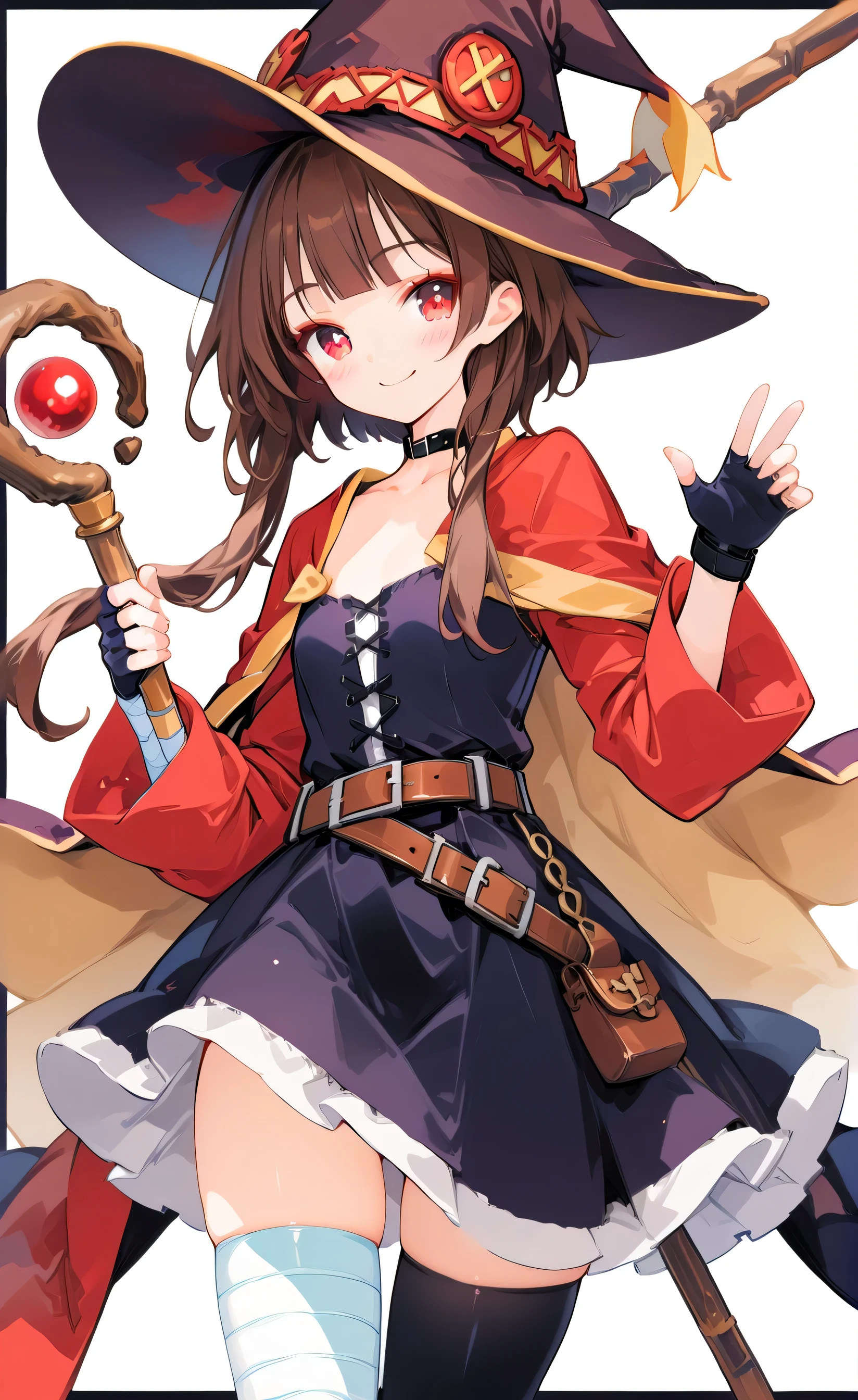 Character
megumin
General
1girl asymmetrical legwear bandaged leg bandages belt black border black choker black gloves black thighhighs blunt bangs blush border bright pupils brown belt brown cape brown hair brown hat cape choker closed mouth collarbone cowboy shot dress eyelashes fingerless gloves gloves hands up happy hat highres holding holding staff long sleeves looking at viewer mage staff mismatched legwear red dress red eyes short dress short hair with long locks simple background smile solo sparkle staff thigh-highs u illustrator white background wide sleeves witch hat zettai ryouiki
Meta