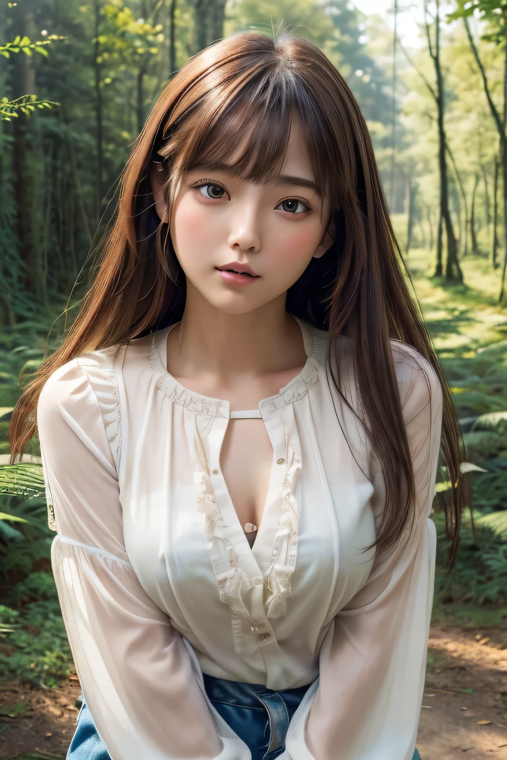 one Japanese girl, (a beauty girl, delicate girl:1.3), (20-year-old:1.0), break, (summer、 blouse:1.3), break, (in the forest:1.3), break, Extremely fine resolution, (Symmetrical eyes:1.3), break, Small breasts, Brown eyes, Parted bangs, Brown Hair, girl, break, (Eye and facial details:1.0) break, (masterpiece, highest quality, Very detailed, Detailed face, 8K)、(Nipples visible through gaps in clothes:1.0)、stand、slouch、face down、Side view、Clothes get torn