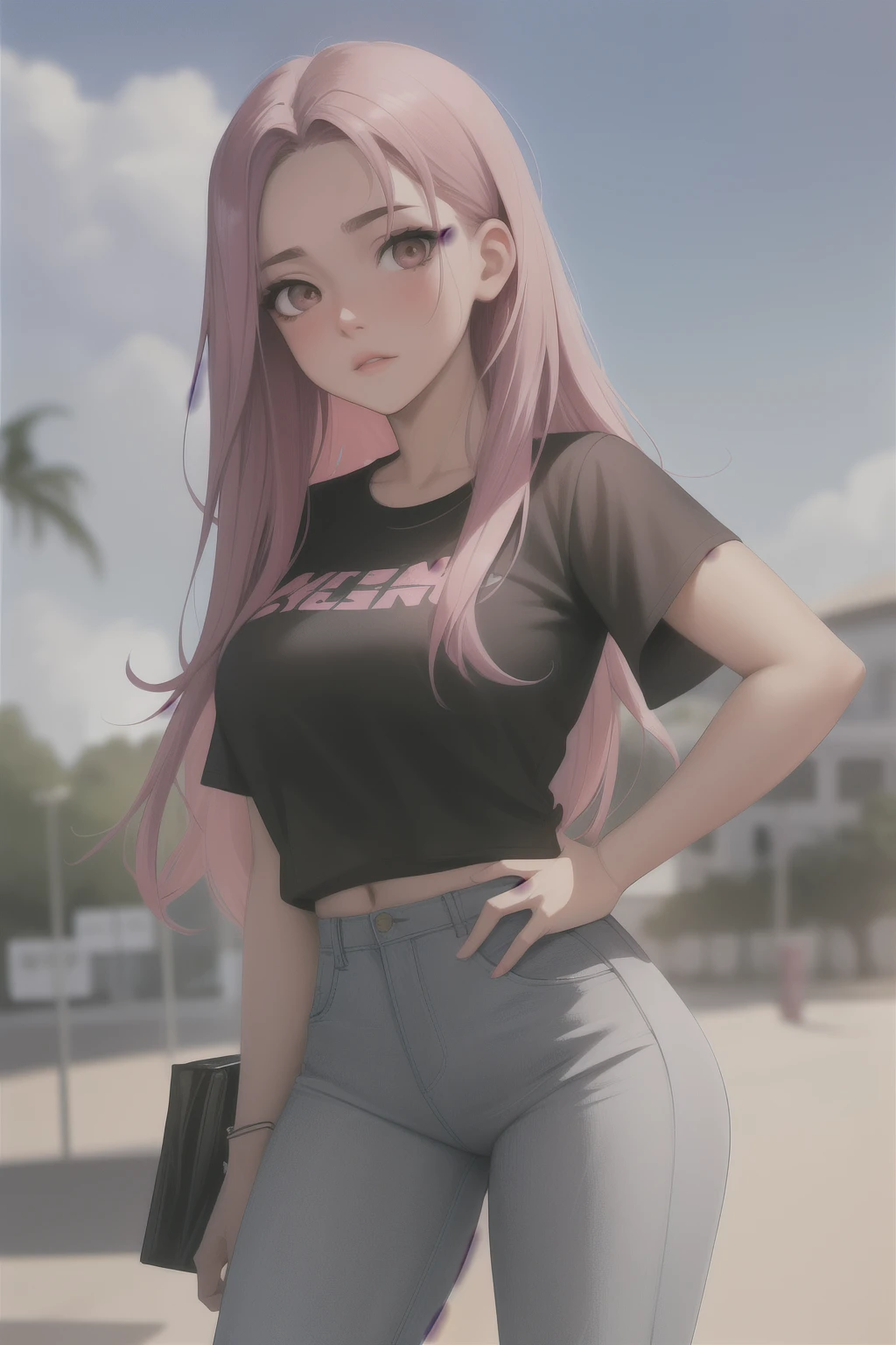 Mujer Arafed con rasgos indios., llevaba una cola de caballo larga y abierta de suave cabello rosado, se pone una camiseta sin mangas blanca y jeans de mezclilla. Ross Tran&#39;s 8k Artistic Interpretation Captures His Seductive Charm, con la influencia de alena aenami y artgerm sutilmente presente, imbuyendo la escena con algunos tonos rosados. El render fotorrealista de la chica anime muestra su belleza., forma seductora, acentuando su figura gruesa con detalles en 3D. -s2