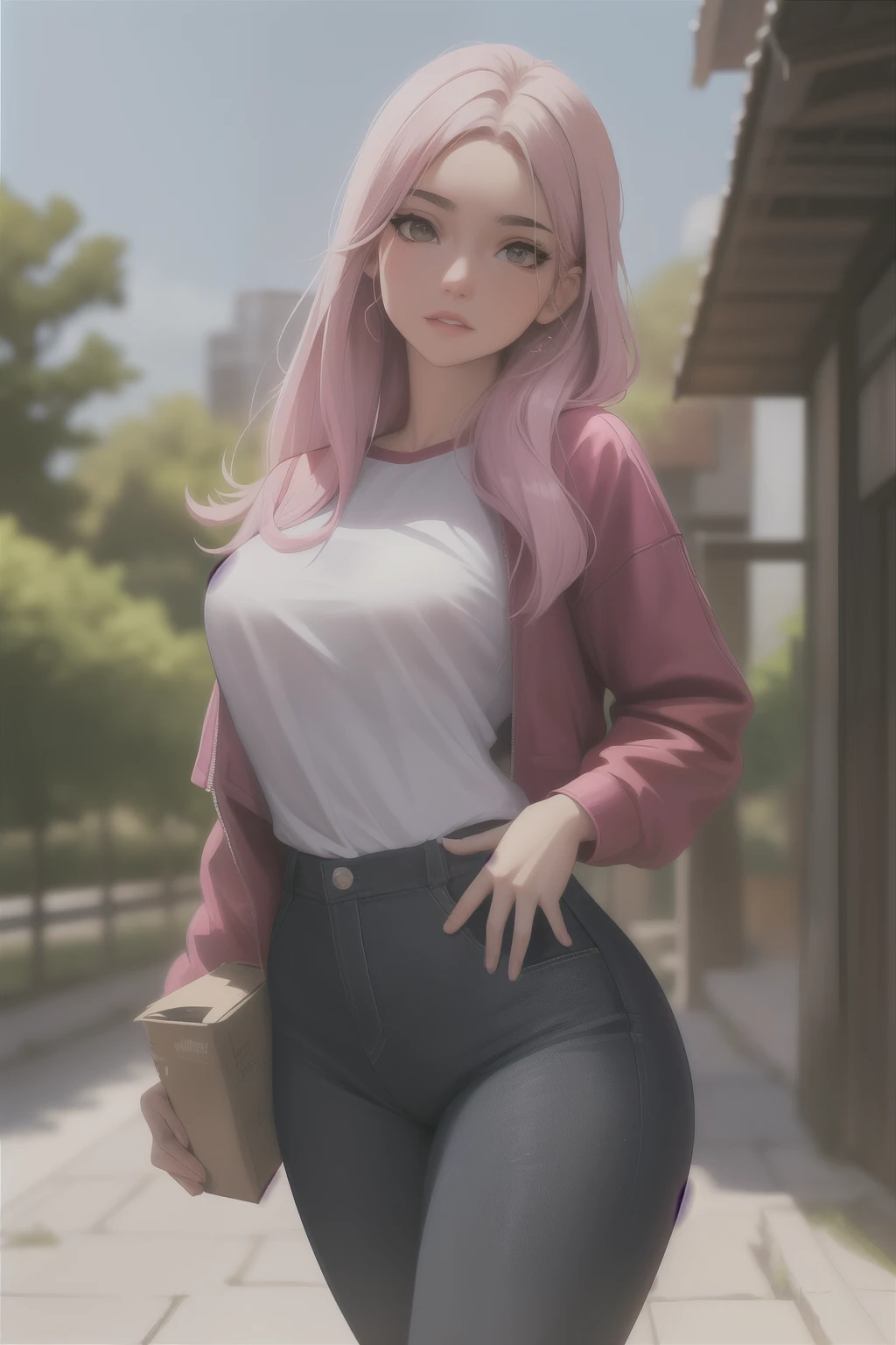 Mujer Arafed con rasgos indios., llevaba una cola de caballo larga y abierta de suave cabello rosado, se pone una camiseta sin mangas blanca y jeans de mezclilla. Ross Tran's 8k Artistic Interpretation Captures His Seductive Charm, con la influencia de alena aenami y artgerm sutilmente presente, imbuyendo la escena con algunos tonos rosados. El render fotorrealista de la chica anime muestra su belleza., forma seductora, acentuando su figura gruesa con detalles en 3D. -s2