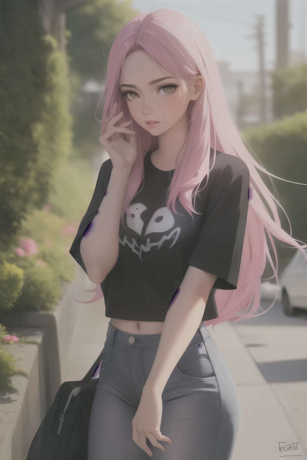 Mujer Arafed con rasgos indios., llevaba una cola de caballo larga y abierta de suave cabello rosado, se pone una camiseta sin mangas blanca y jeans de mezclilla. Ross Tran's 8k Artistic Interpretation Captures His Seductive Charm, con la influencia de alena aenami y artgerm sutilmente presente, imbuyendo la escena con algunos tonos rosados. El render fotorrealista de la chica anime muestra su belleza., forma seductora, acentuando su figura gruesa con detalles en 3D. -s2