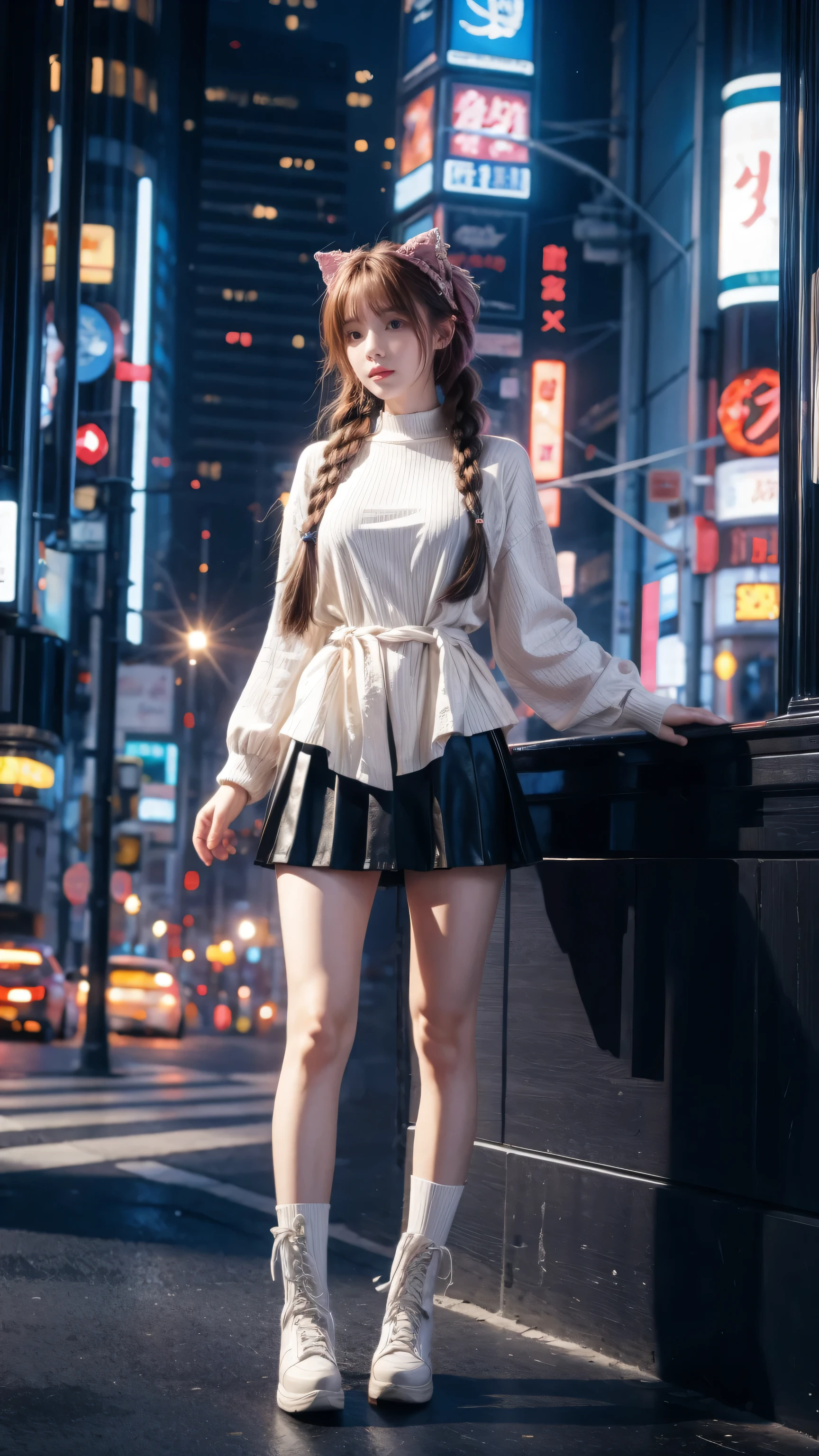 high resolution, best quality, masterpiece, very high image quality, Super detailed, Surrealism, 3D, Japanese cartoons, illustration, fantasy, Hard Rock Girl, Very pretty and cute, Pink wavy hair, Side braids, mini skirt, Knee socks, Engineering boots, Background cyberpunk city galaxy