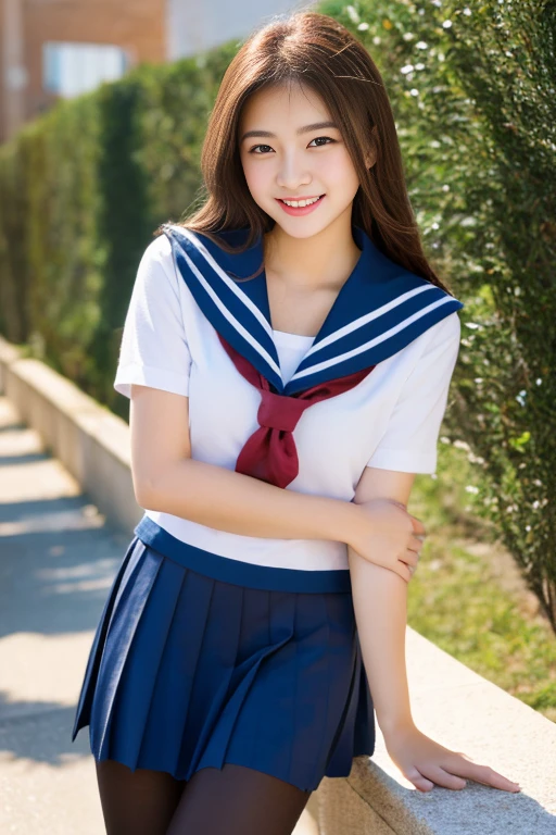 Ulzzang-6500-v1.1, (RAW Photos:1.2), (Photorealistic),(Genuine: 1.4), Tabletop, highest quality, figure, Very detailed, In detail, High resolution, 8k wallpaper, Perfect dynamic composition, Beautiful fine details, cute sagging eyes、Sailor suit, A tough challenge, (Ultra-realistic pantyhose:1.2), Skirt and thick medium hair,Huge , Natural color lip, Bold sexy pose,smile, case、high school girl、cute、sexy shot looking at camera, Realistic skin texture、Glowing Skin、Exposed thighs、Summer day、Long hallway at high school。