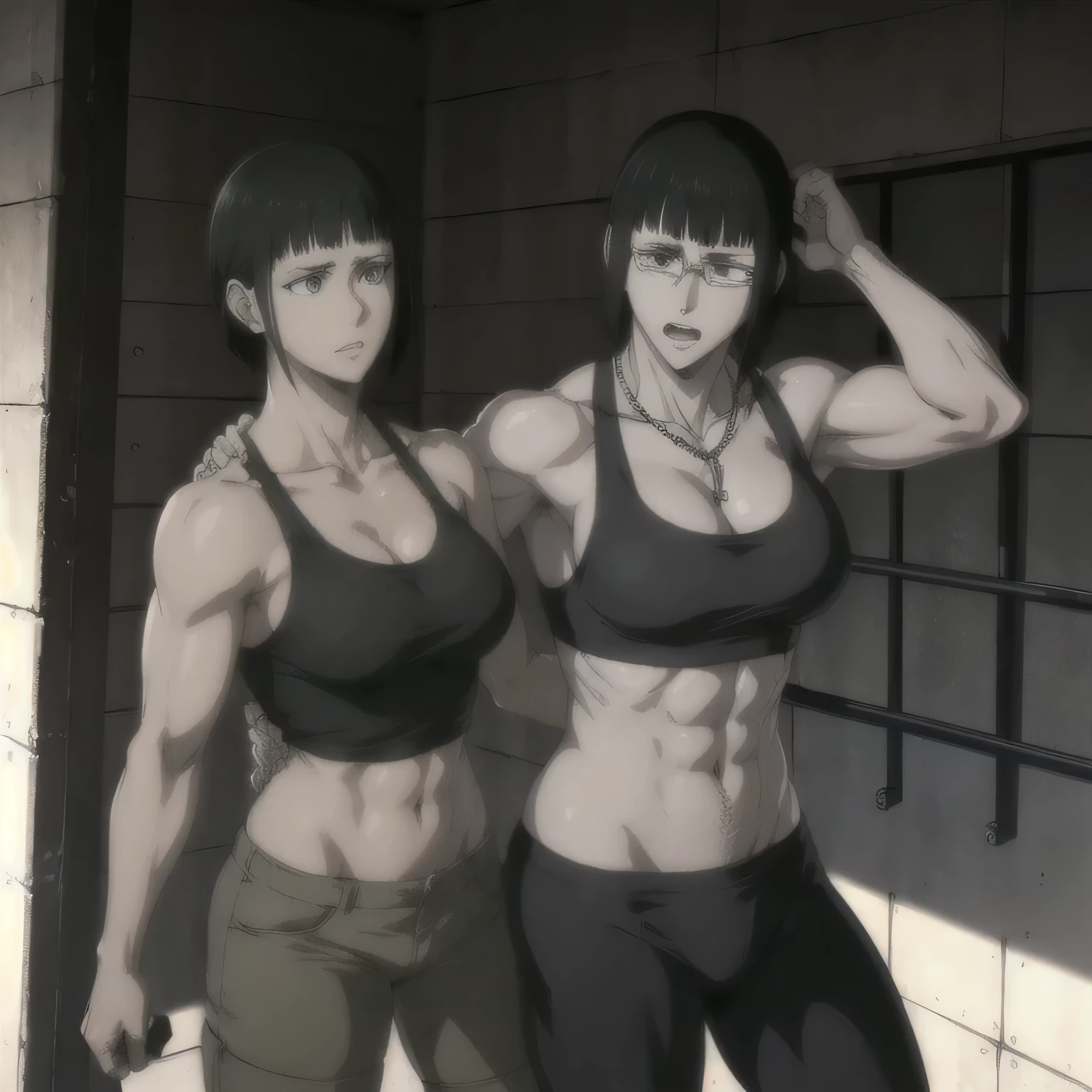 (best quality,ultra-detailed,realistic:1.37),musclaur badass girl with sculpted body with preview her musclaur body and six-pack, full review of the female character's face and body, intense expression, strong and confident posture, studio lighting, vivid colors, physiologically-based rendering, grungy texture, rugged background, dust particles in the air, commanding presence, professional, powerful, gritty aesthetics,,Valmet،short hair,necklace,Light reflection on shoulders,Sweat in muscles،،wearing military male underwear and midriff tank top, tattoos on shoulders،Fat free body,Hand veins,push-ups training