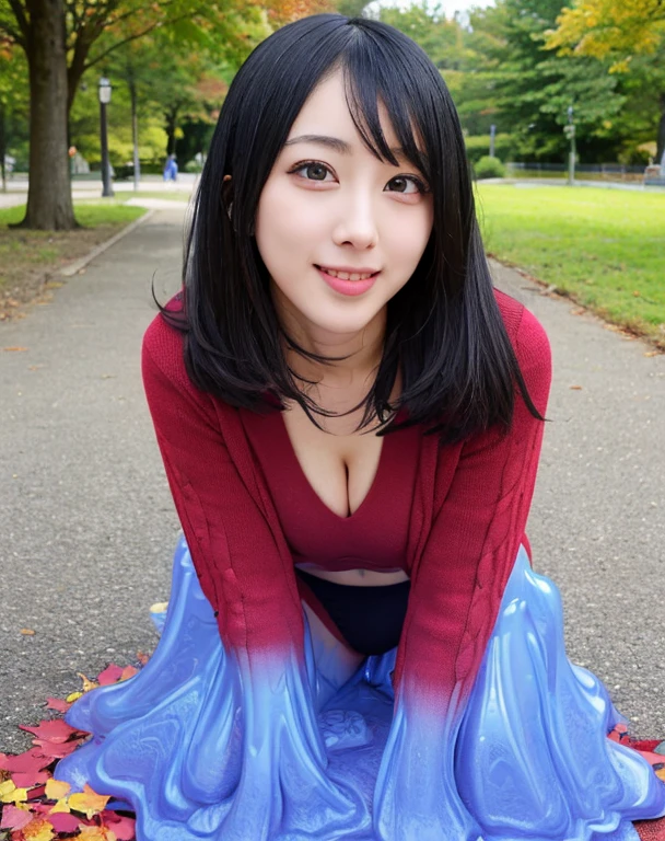 knitted sweater jacket,(Big boobs:1.2),cleveage,穿Black underwear,black slime shapeshifter,looking at the audience,Smile, Black underwear、cleveage,Long hair ,Pretty Face,cute appearance,confident girl,Slime with melted lower body,In the park,There are many maple leaves,autumn,