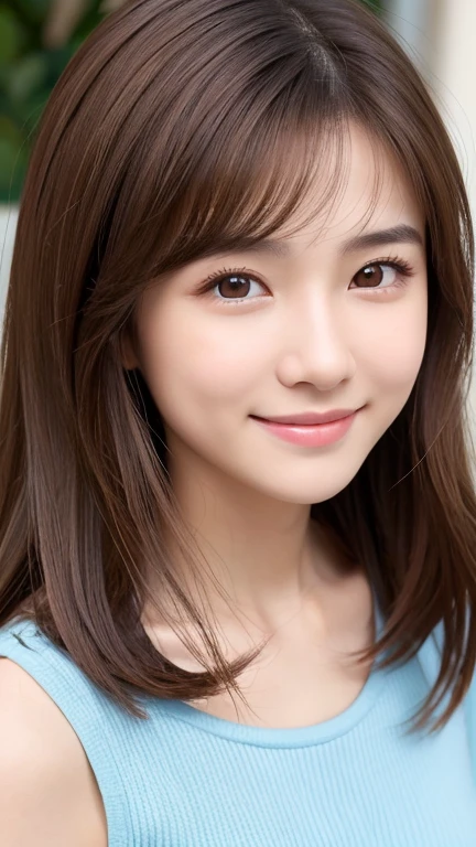 Brown Hair,Medium Hair,20-year-old female, Small nose, With the correct face, Cute natural smile, Japanese facial features, A clean and cute face, Cute realistic portrait, Asian Face, 8K Photo, Soft Makeup,Natural skin texture,Raw photo,highest quality,Full Body Shot,Hiding her breasts with her hands,Pink clothes