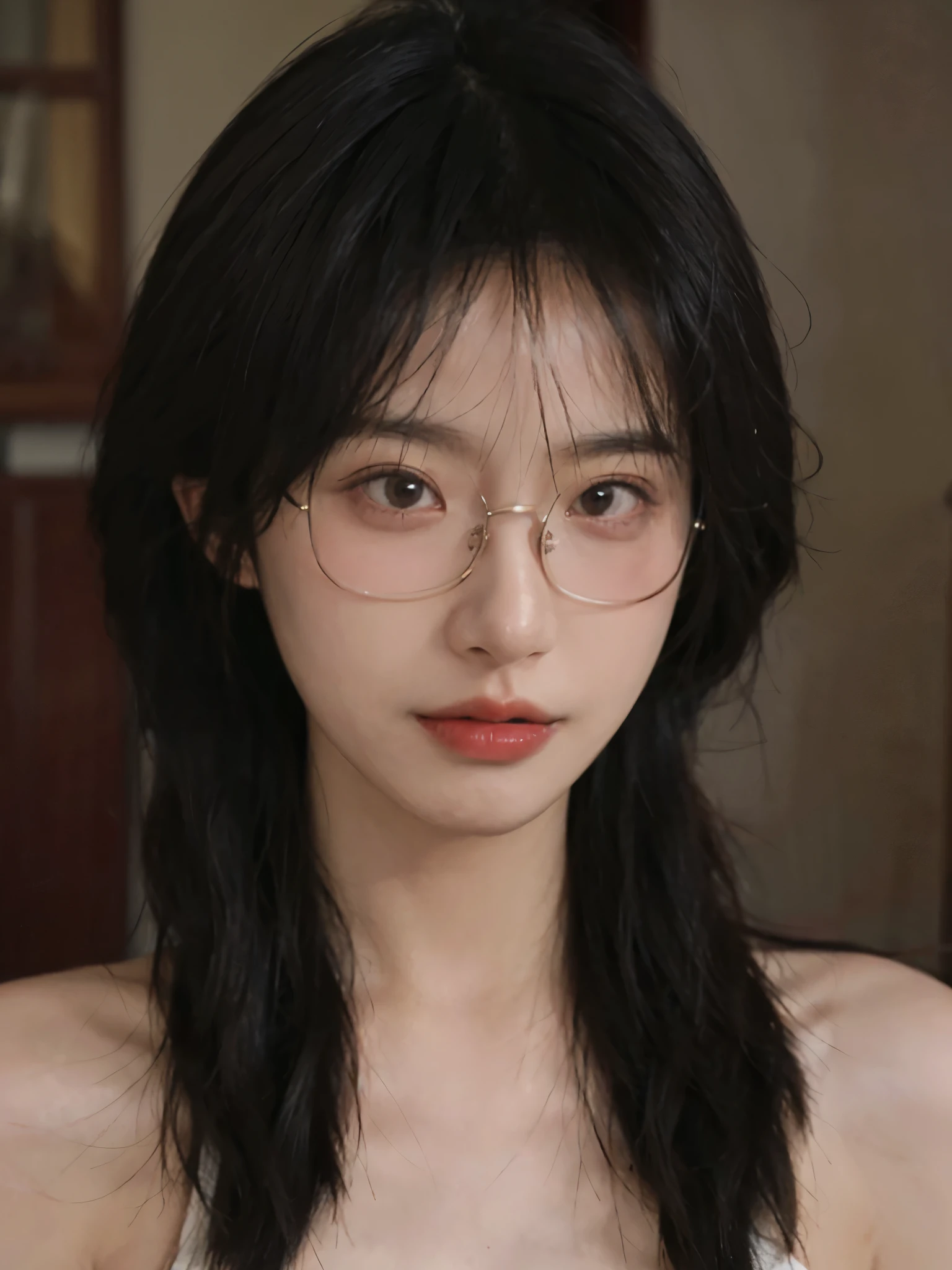 Film portrait photography, 1 girl,  shoulders,lipstick，（flat ：1.4）， Shoulder length wavy hair, wear glasses，serene, calm, (Realistic and detailed eyes, natural skin texture, Realistic facial details), Soft dramatic lighting, depth of field, Bokeh, Vibrant details, detailed meticulous, hyper-realistic, 35mm film, hazy, ,