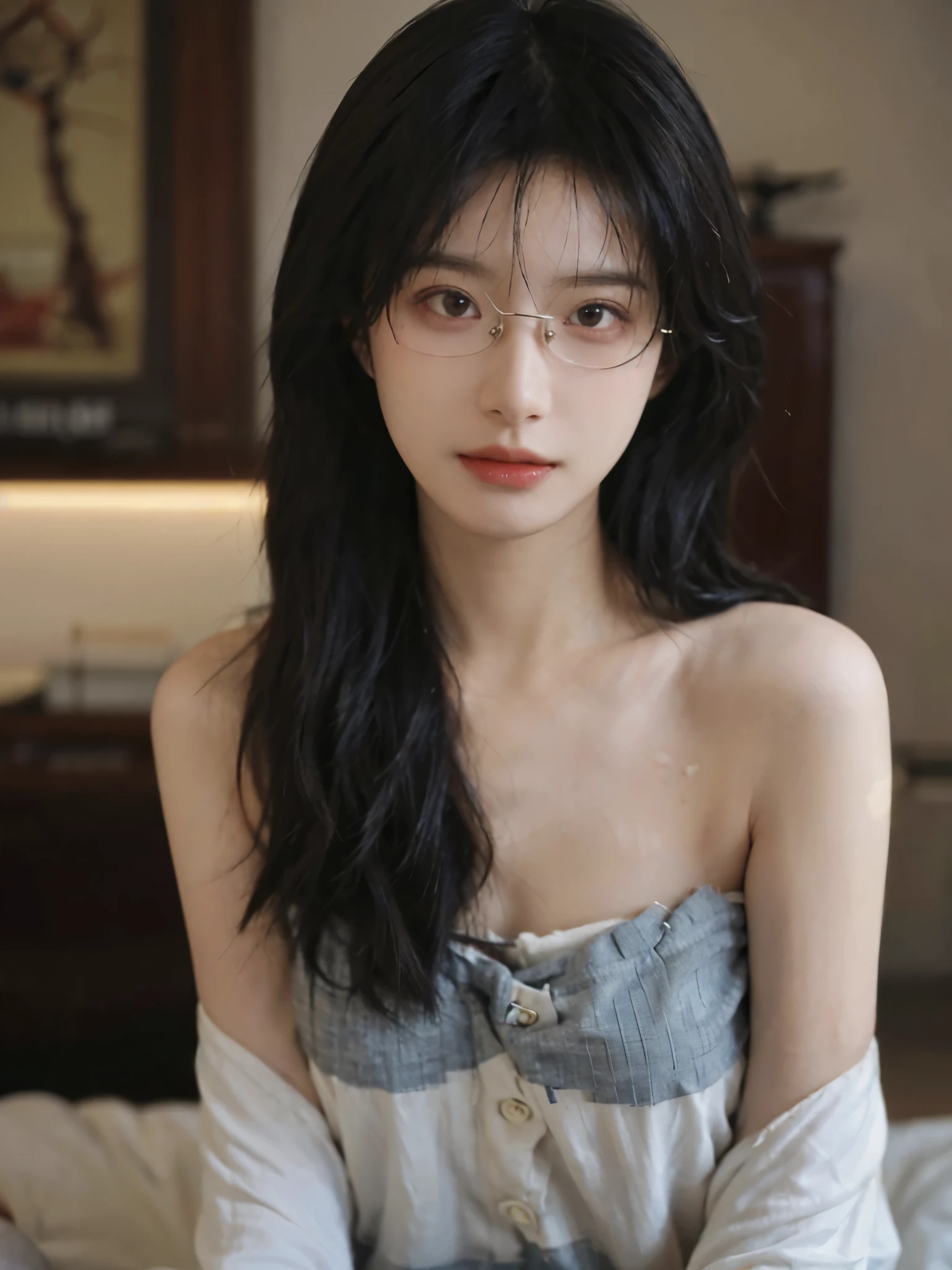 Film portrait photography, 1 girl, bare shoulders,lipstick,(flat chest:1.4), Shoulder length wavy hair, wear glasses,serene, calm, (Realistic and detailed eyes, natural skin texture, Realistic details), Soft dramatic lighting, depth of field, Bokeh, Vibrant details, detailed meticulous, hyper-realistic, 35mm film, hazy, ,
