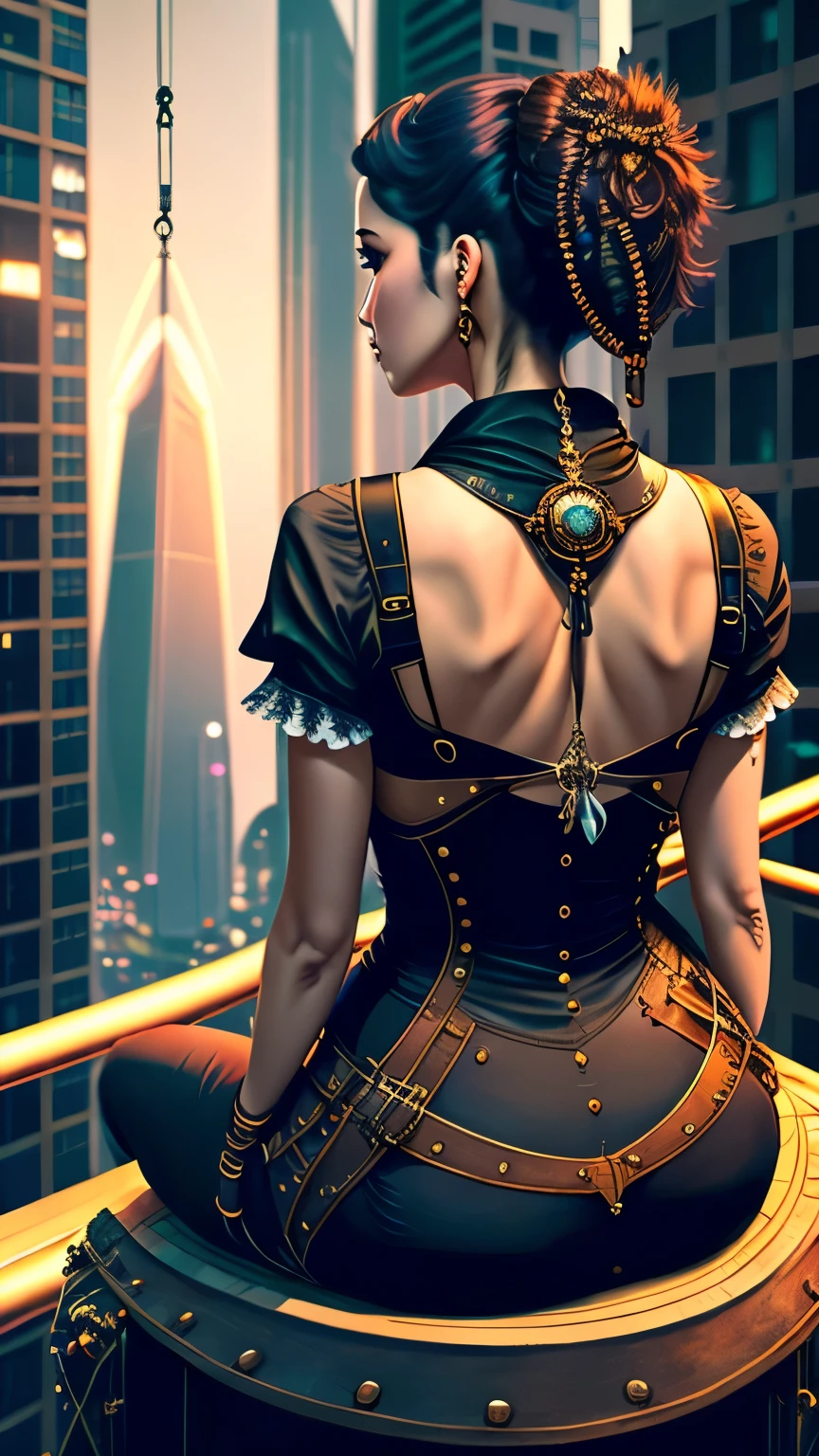 from behind, best quality, super fine, 16k, incredibly absurdres, extremely detailed, beautiful woman sitting on trapeze suspended between two skyscrapers, gazing into the distance, wearing loose long T-shirt, captivating look, wind, wind-effect, moonlit night view, (magnificent view:1.1) , cyberpunk, steampunk, dieselpunk, clockpunk